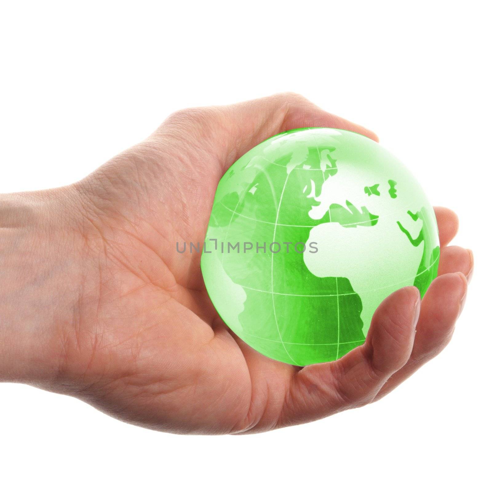 globe in hand isolated on white showing eco environment or business concept