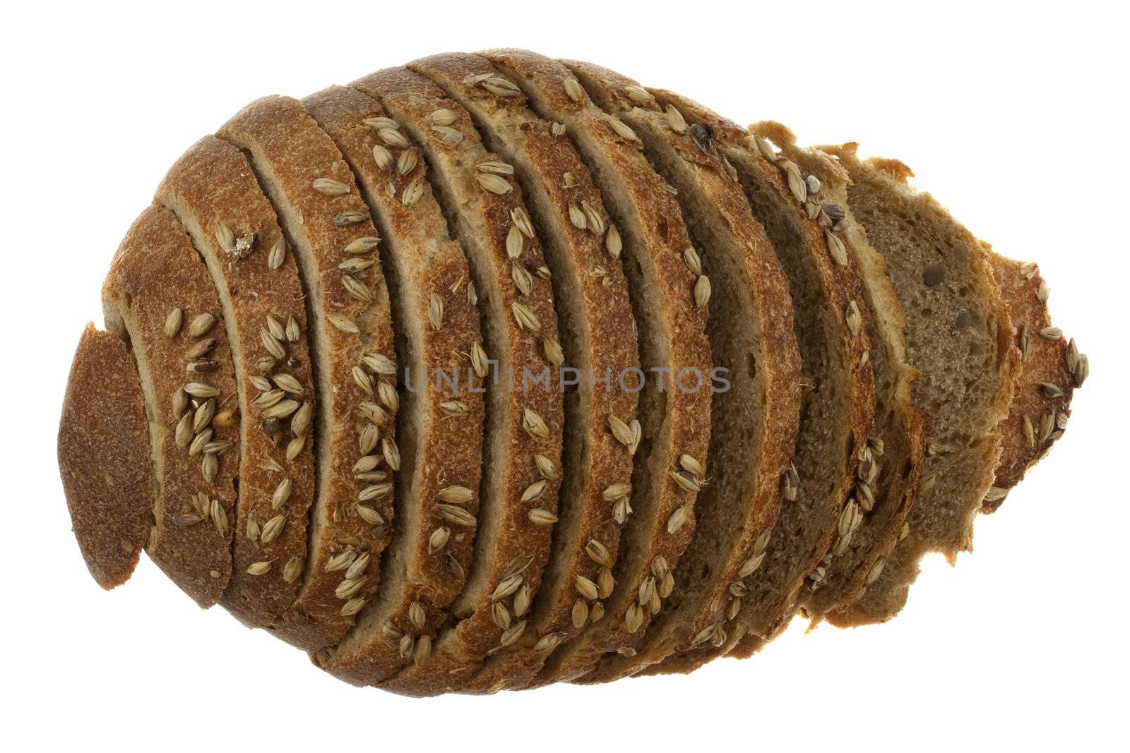 a small sliced loaf of bread with whole wheat grain isolated on white