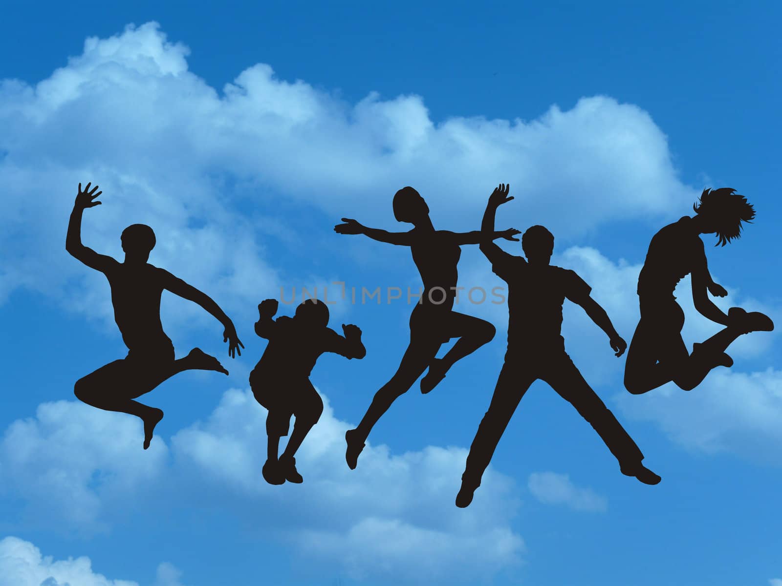 Silhouettes of young people jumping