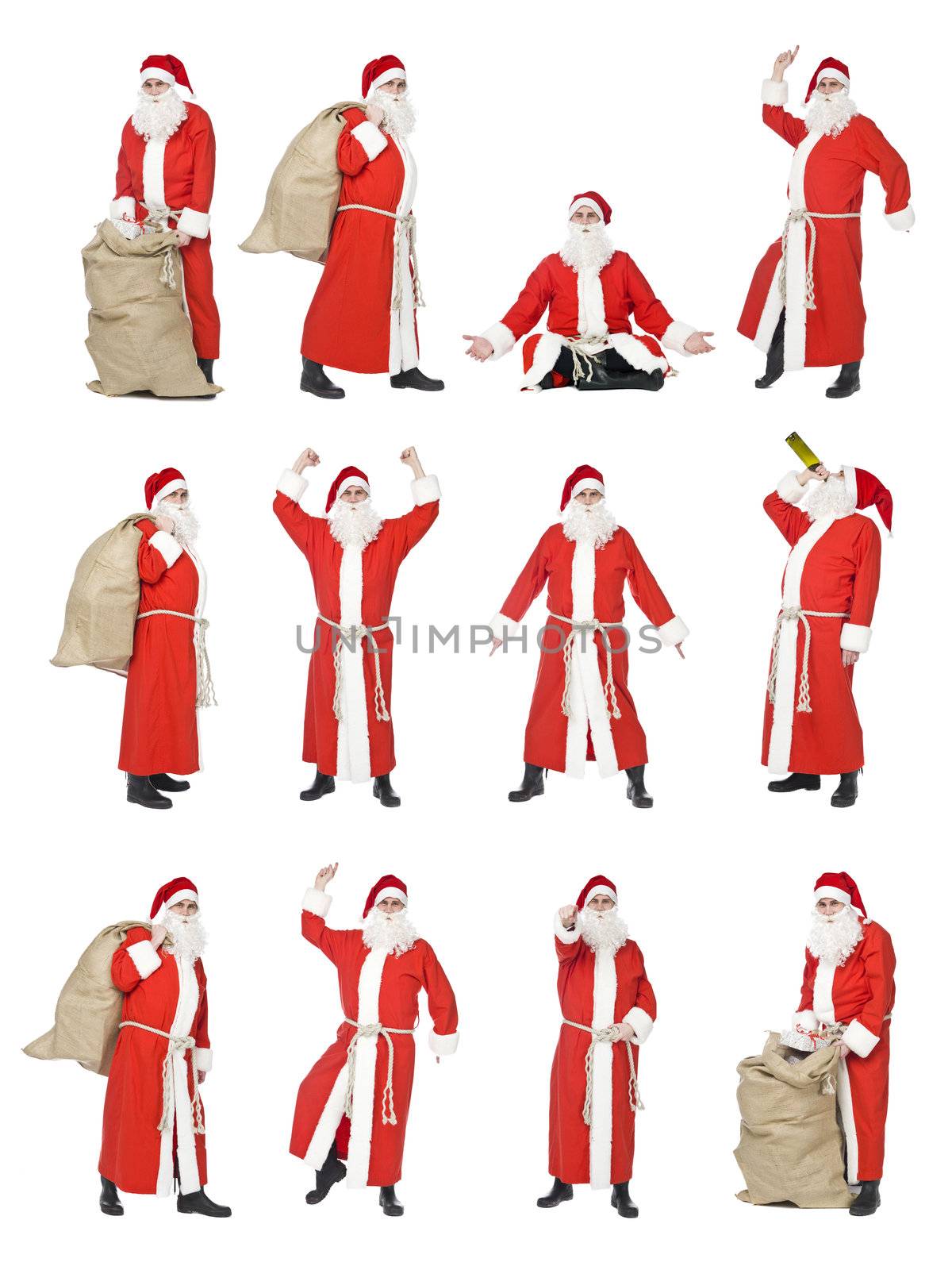 Collage of isolated Santa Claus in different situations