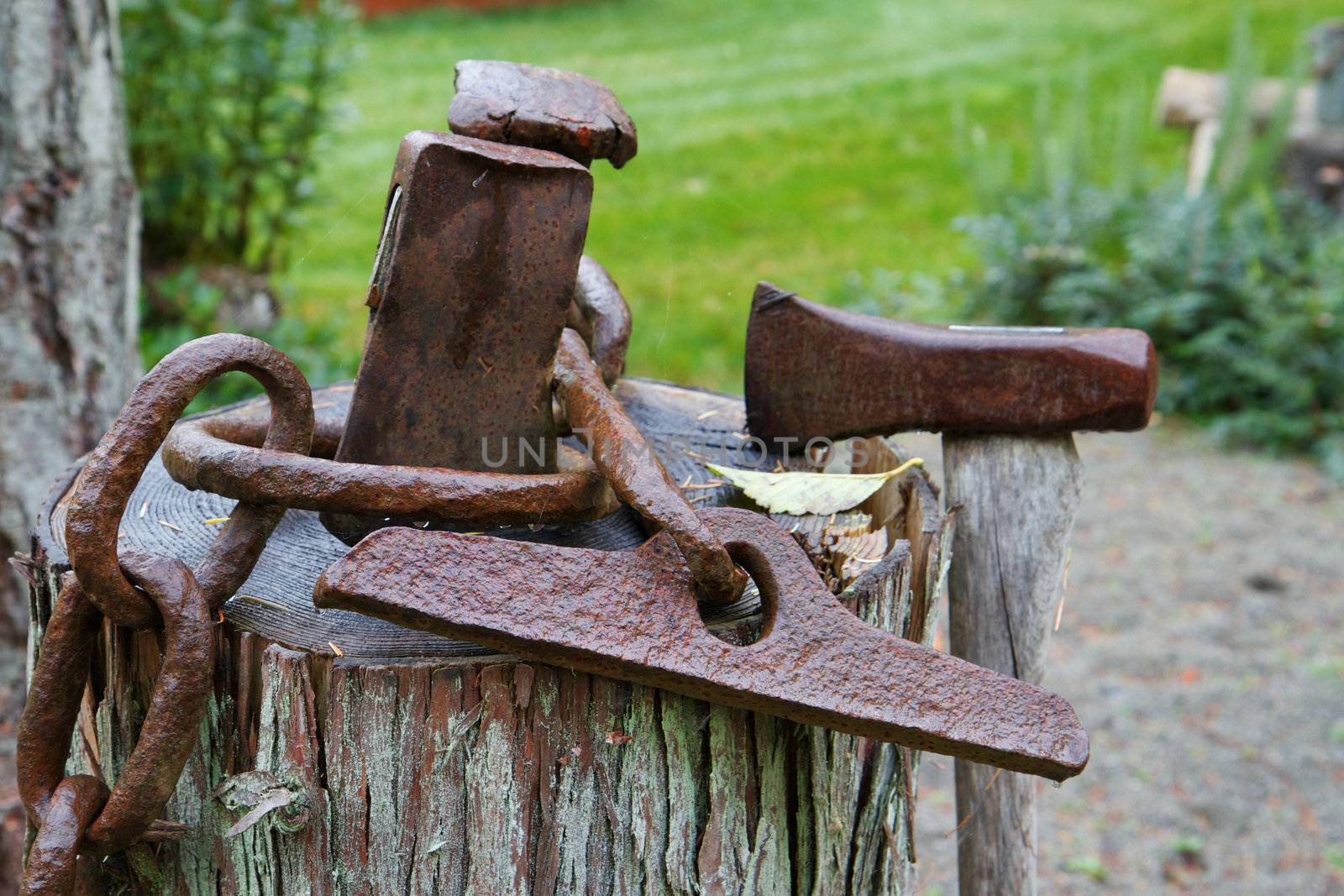 Abstract of Lumberman tools with broken rusted axe, head, chain on a stump