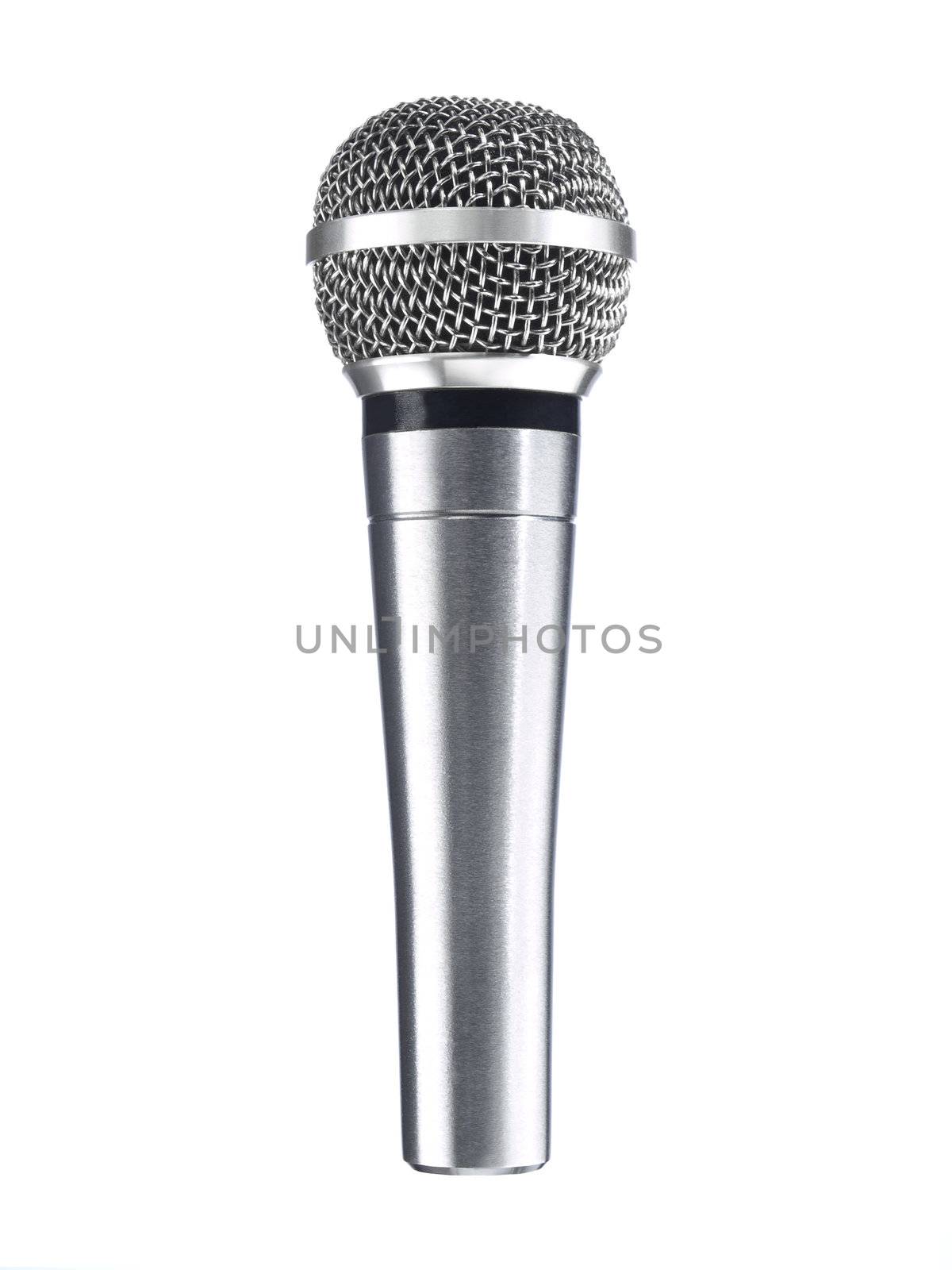 A metallic microphone isolated over a white background.