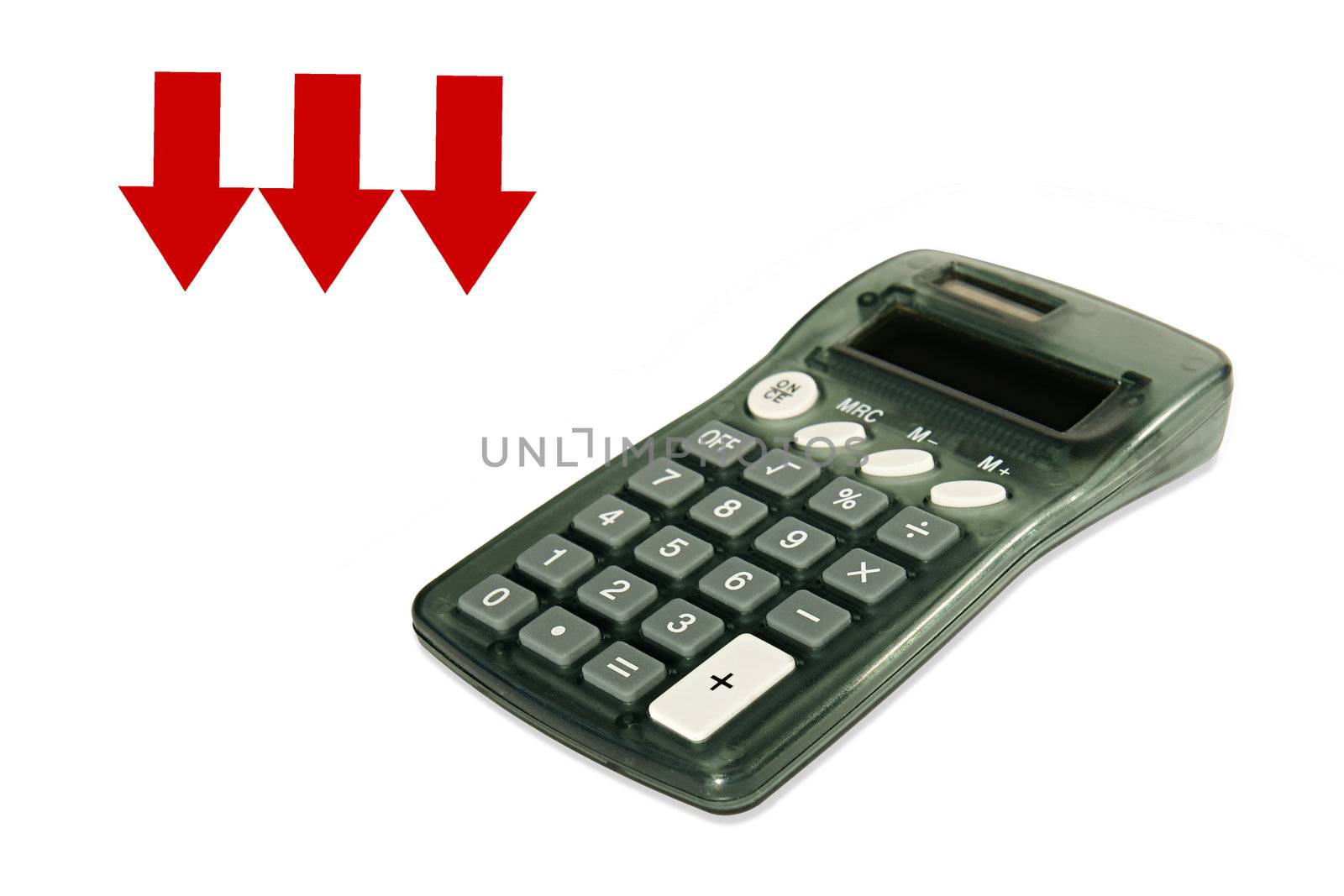 Calculator on white background with three red arrows pointing down.