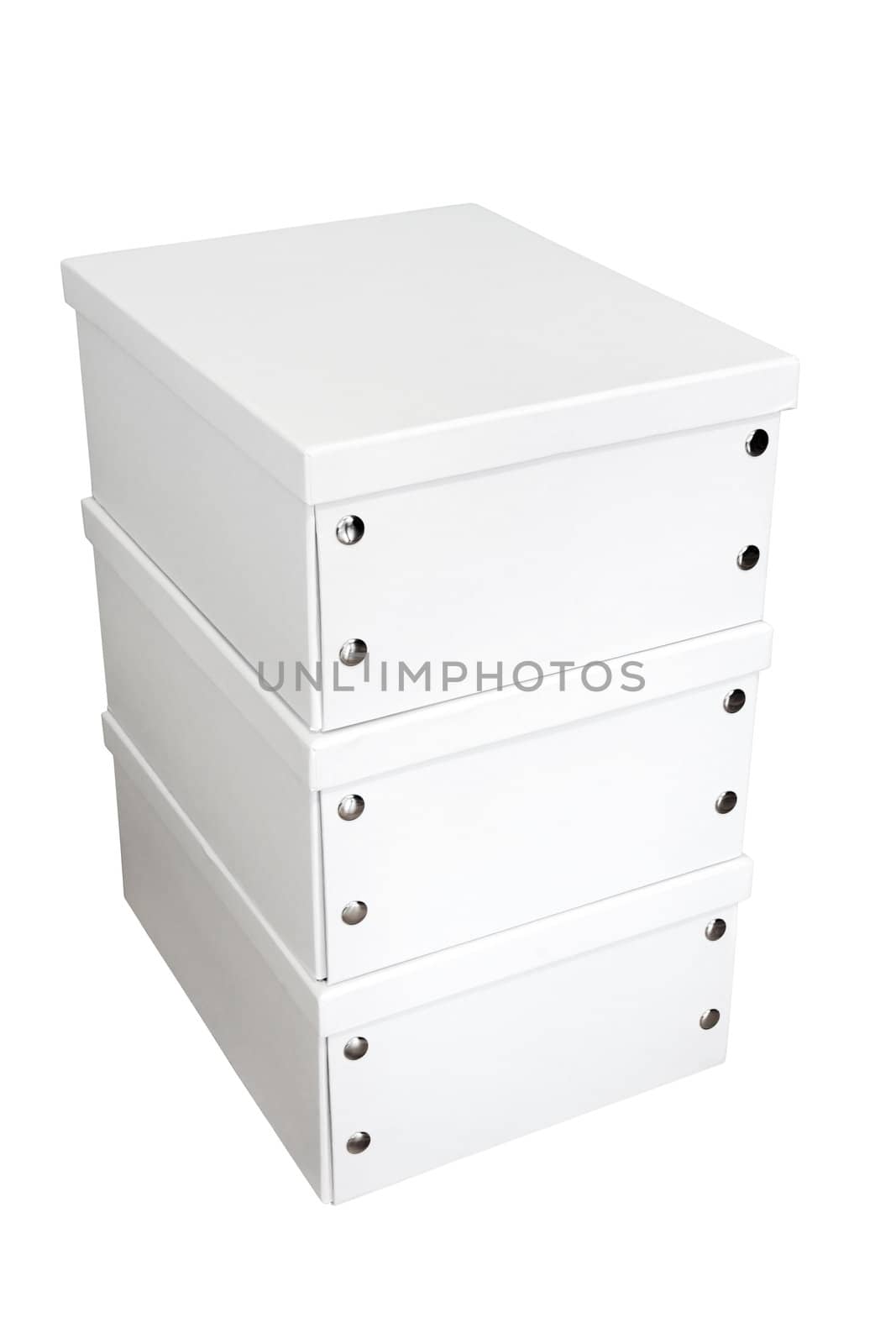 Isolated on white background: stack of three white cardboard boxes with silver snaps.