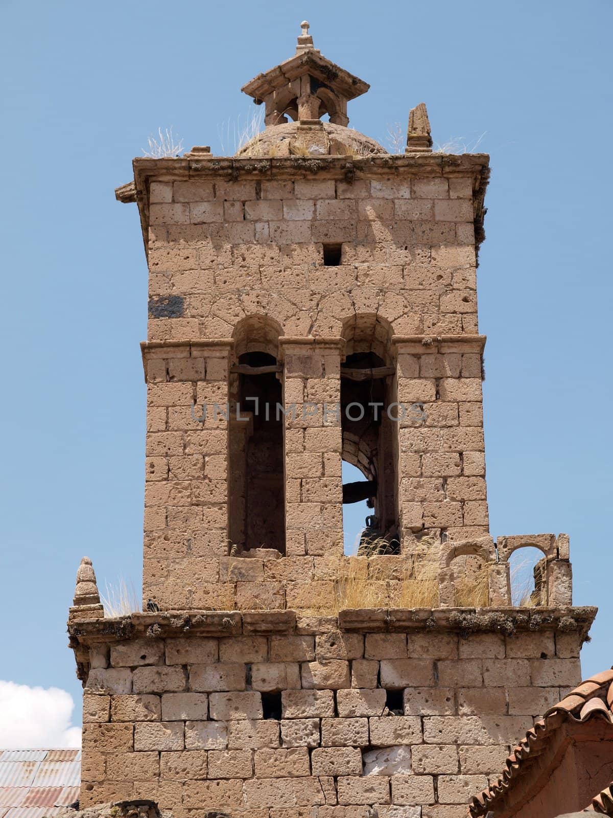 Old tower of the colonial church in Peru
