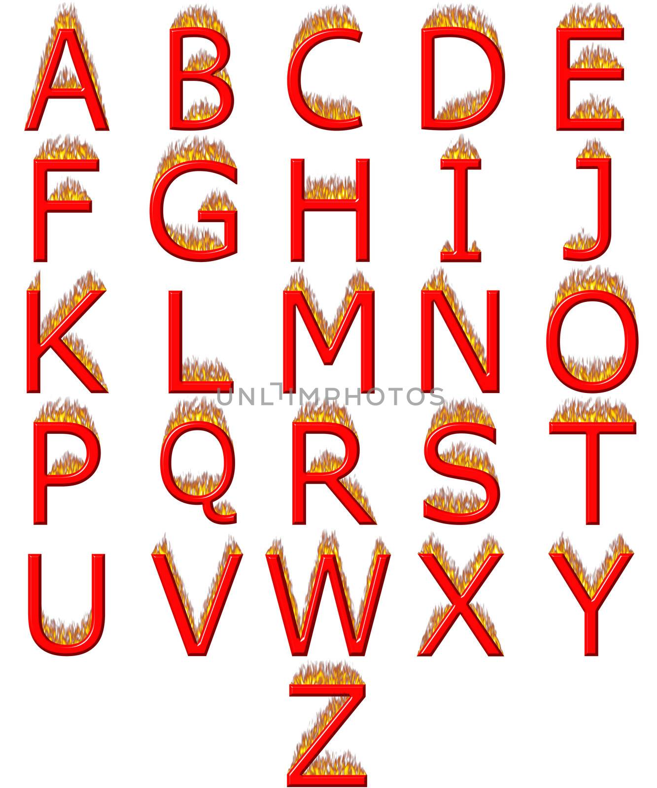 3d alphabet on fire isolated in white