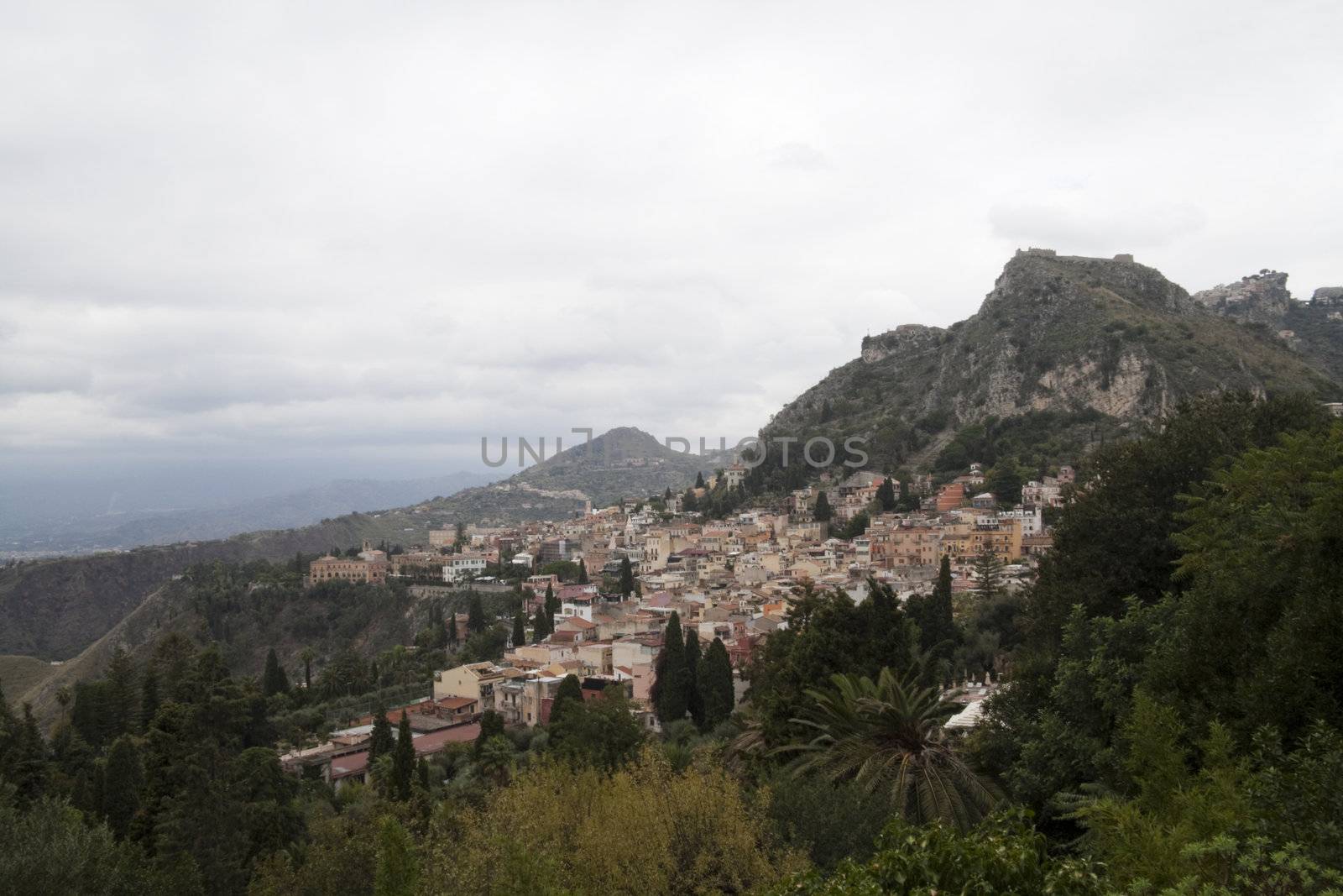 Looking over the overcast hills of Messina, Italy