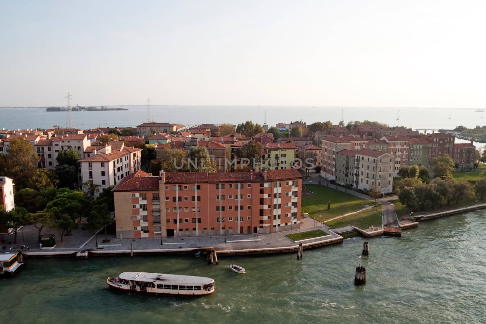 A cityscape view of Venice, Italy from high above the water.