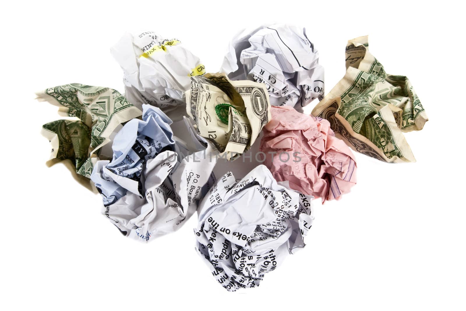 Crumpled bills and dollar bills, isolated on white background.