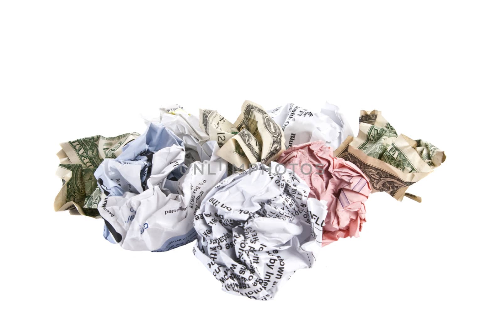 Crumpled bills and dollar bills, isolated on white background.