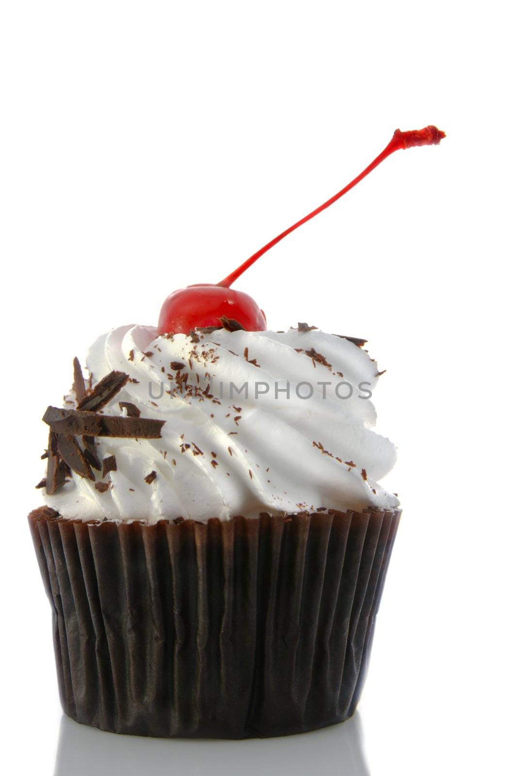 A delicious Black Forest Cake (Schwarzwalder Kirschtorte). Shot on white with a reflective base