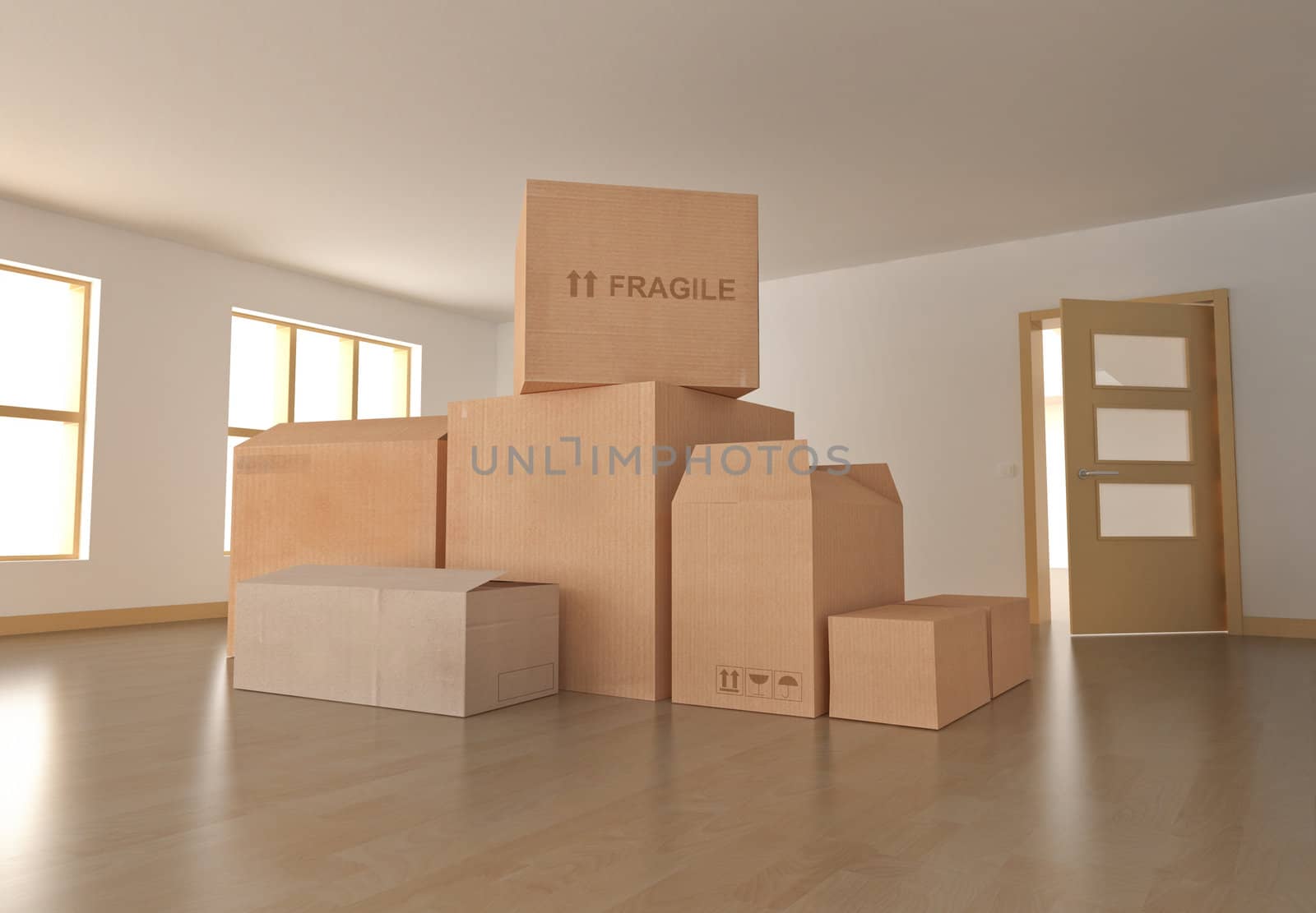 Empty room with boxes. 3D rendered image.