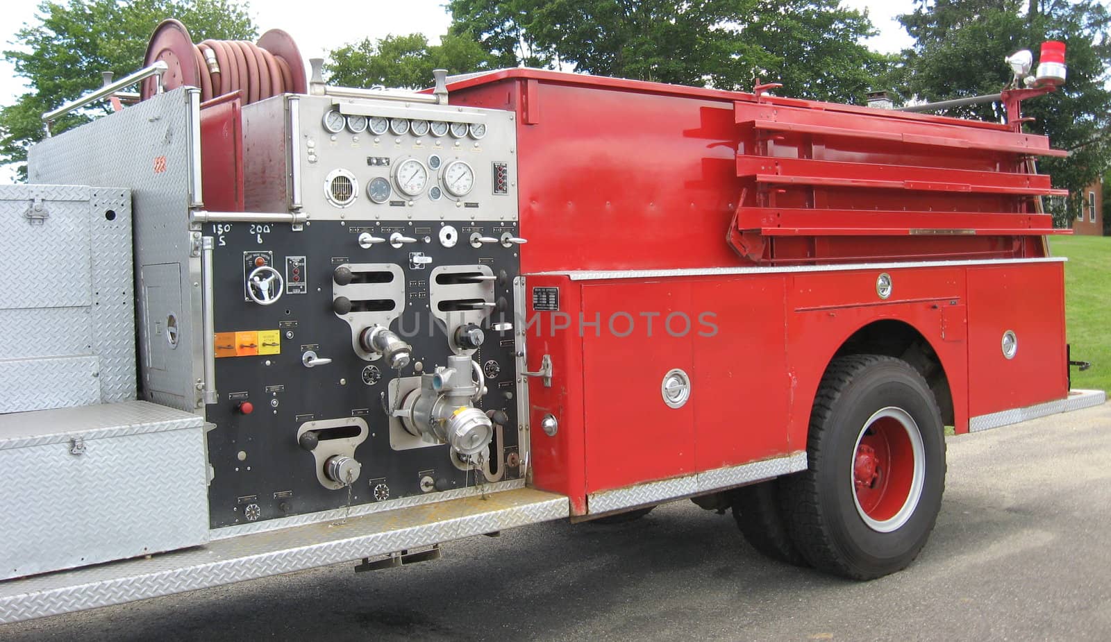 a red fire truck, showing it's gauges