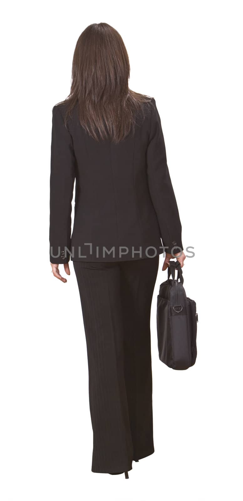 Back of a businesswoman with a laptop bag against a white background.