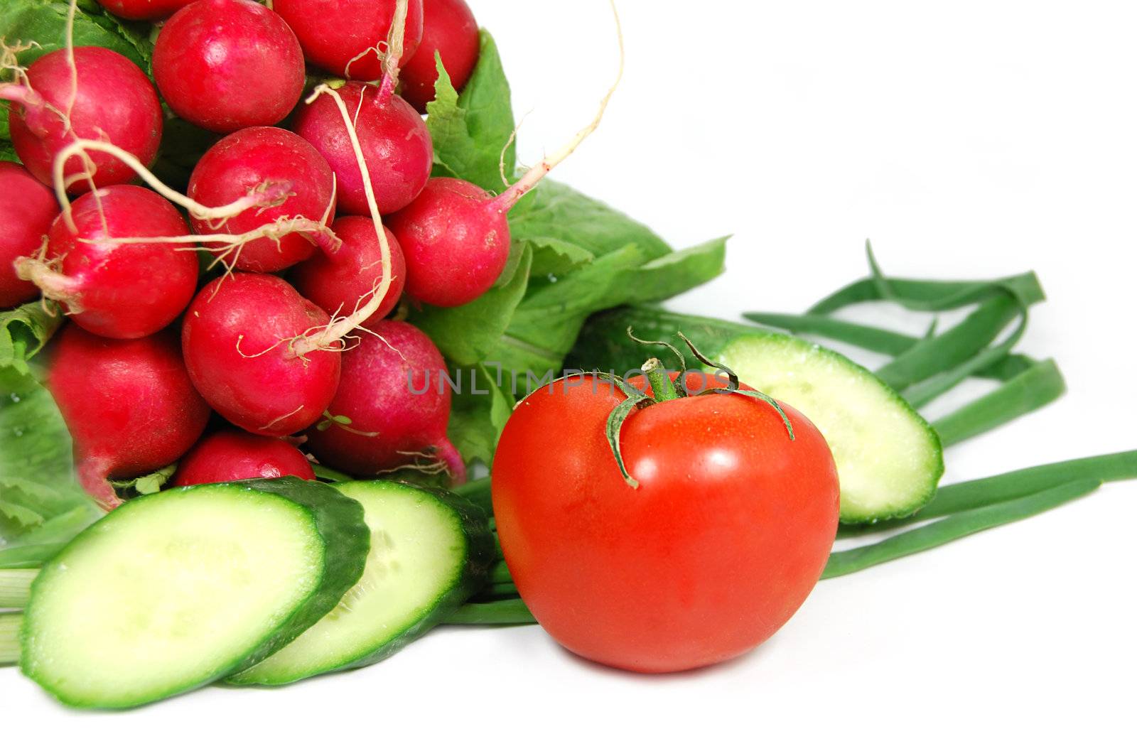 radish, green onion, cucumber, tomato isolated on white