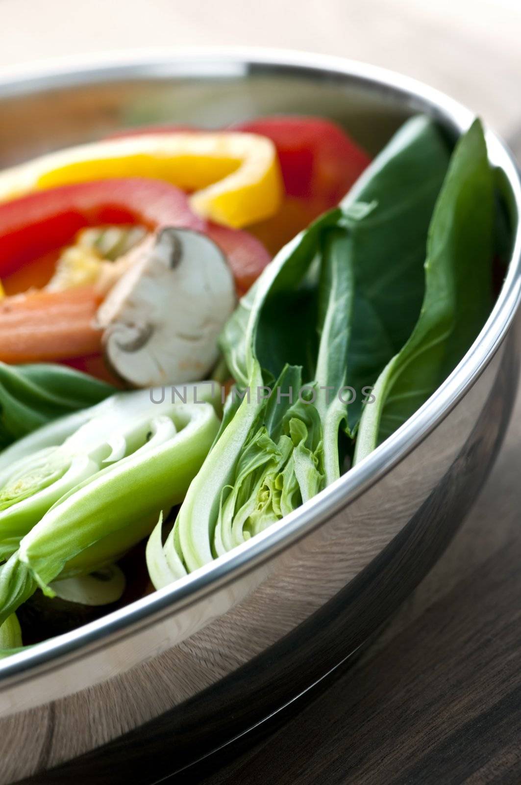 Vegetable stir fry of bok choy mushroom peppers carrots