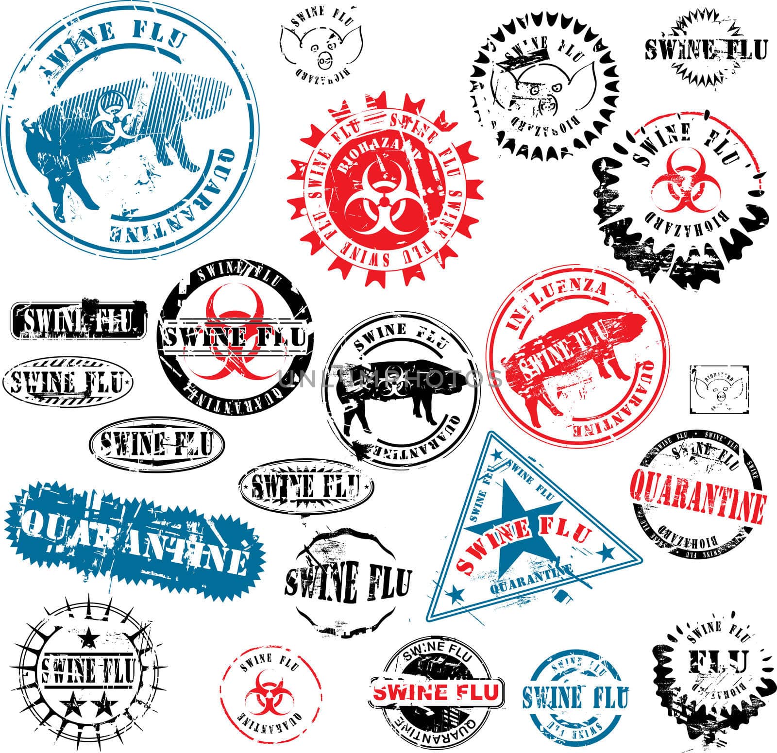 Collection of rubber stamps about swine flu. See other rubber stamp collections in my portfolio.