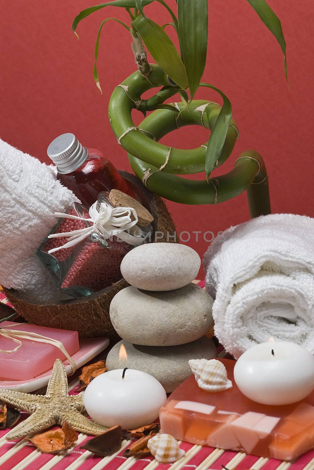 Still life about spa with some hygiene items in red.