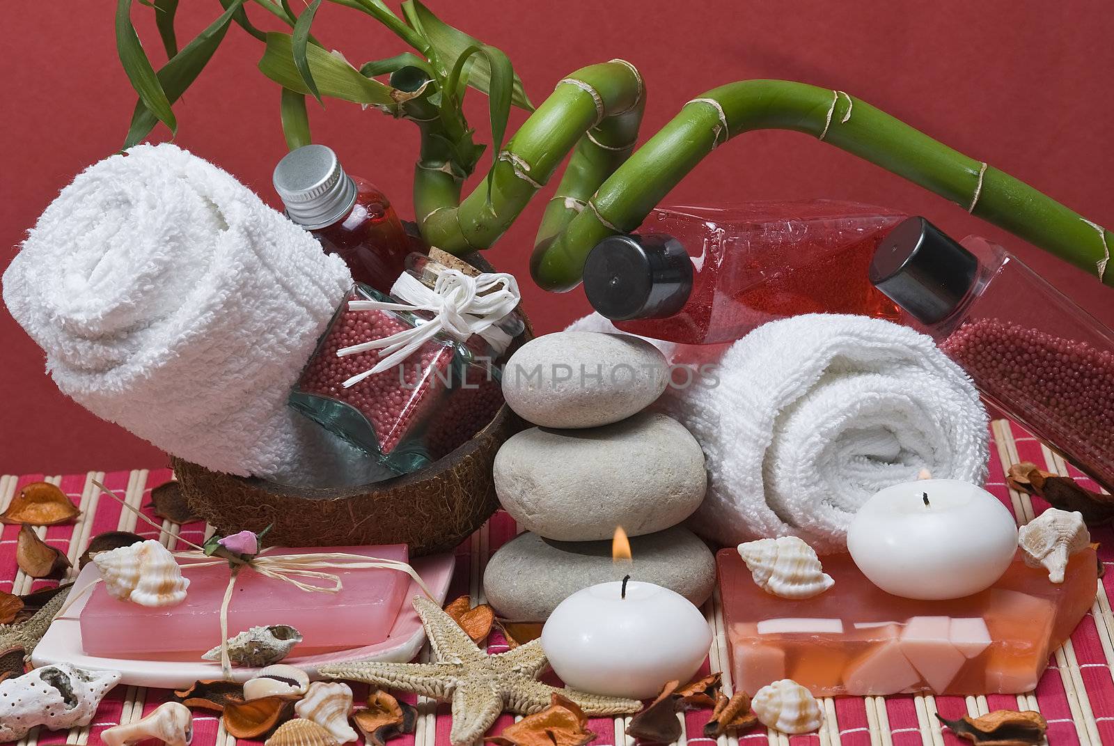 Still life about spa with some hygiene items in red.