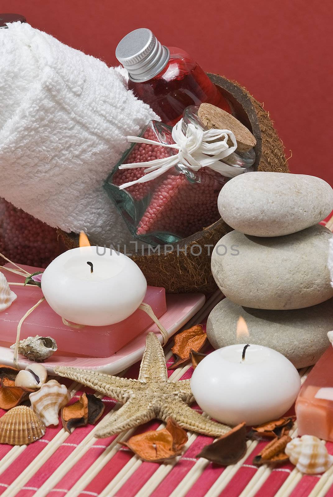 Still life about spa with some hygiene items in red.