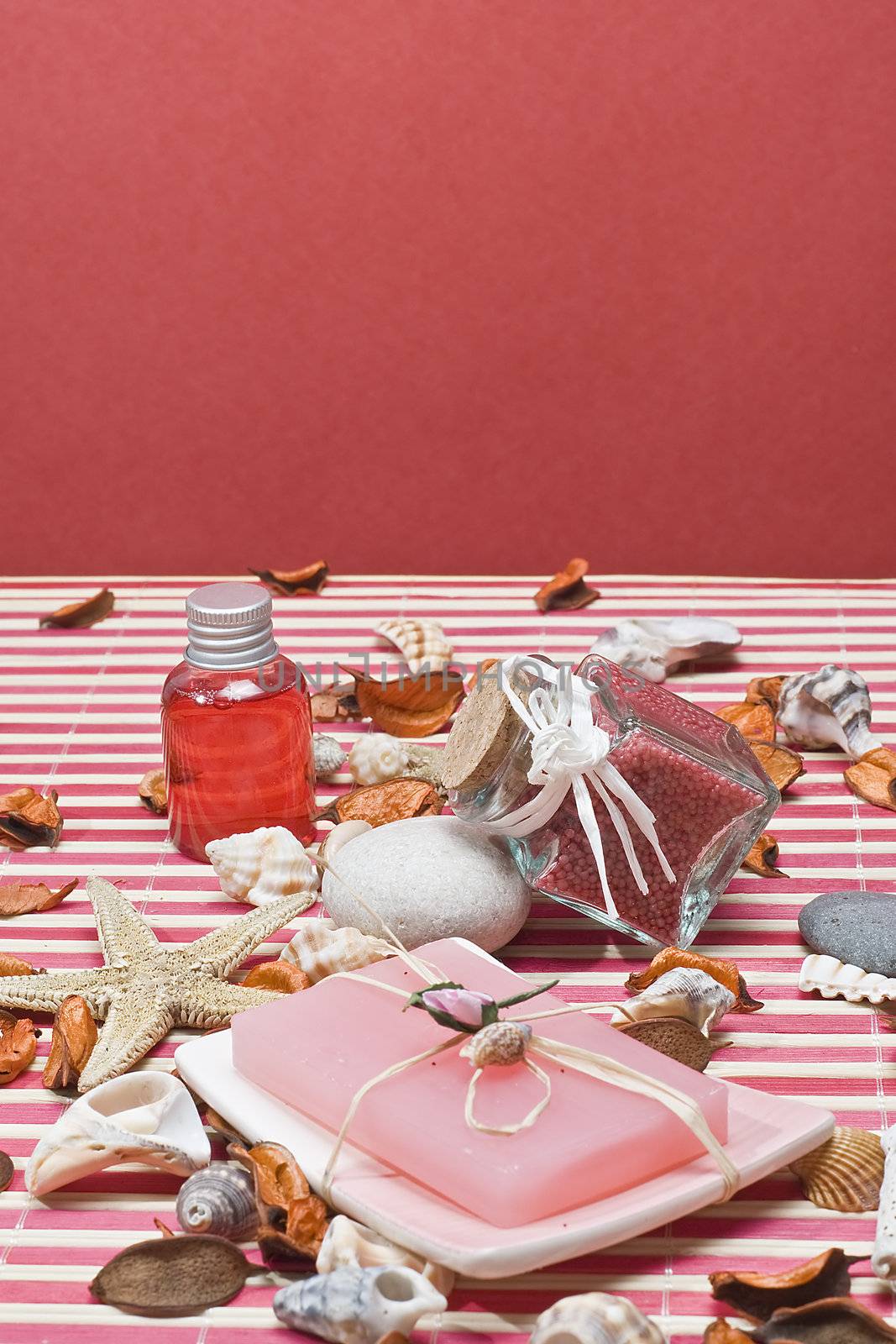 Still life about spa with some hygiene items in red.