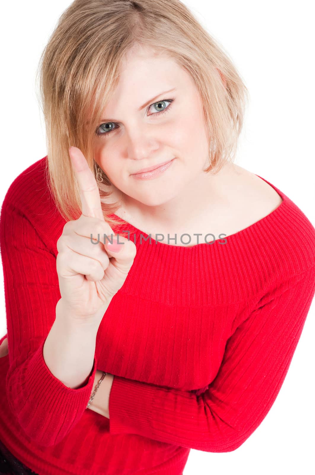 Portrait of beautiful woman in red isolated on white