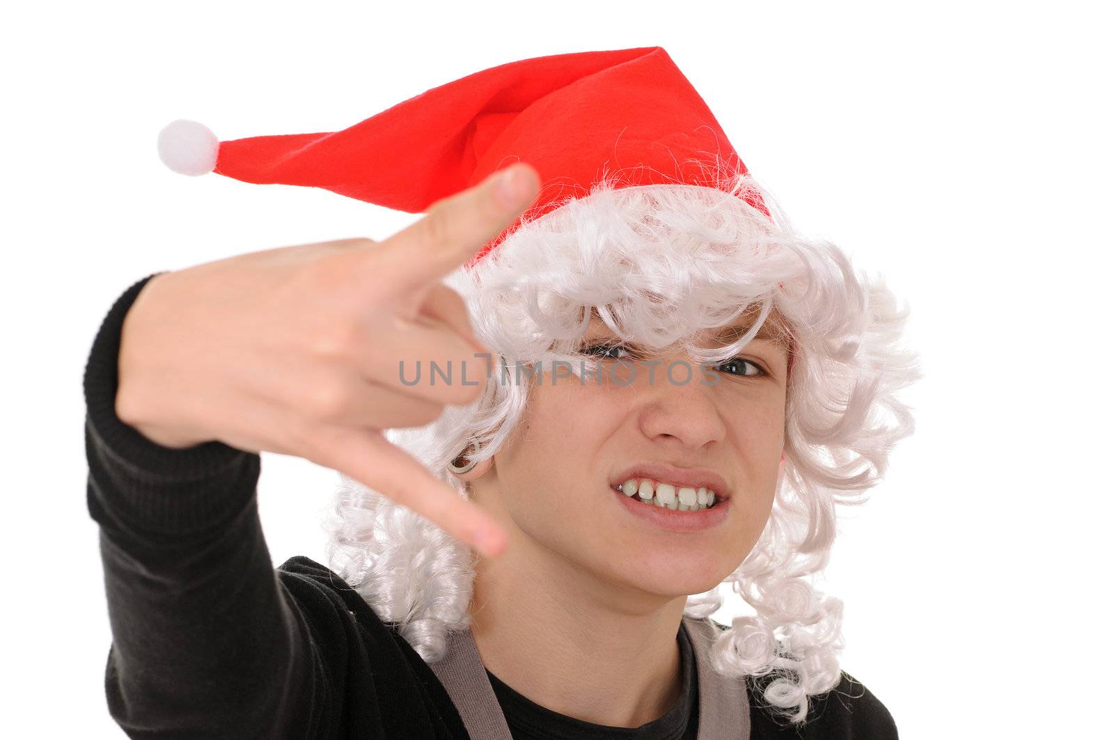 teenager in hat santa claus isolated on white background