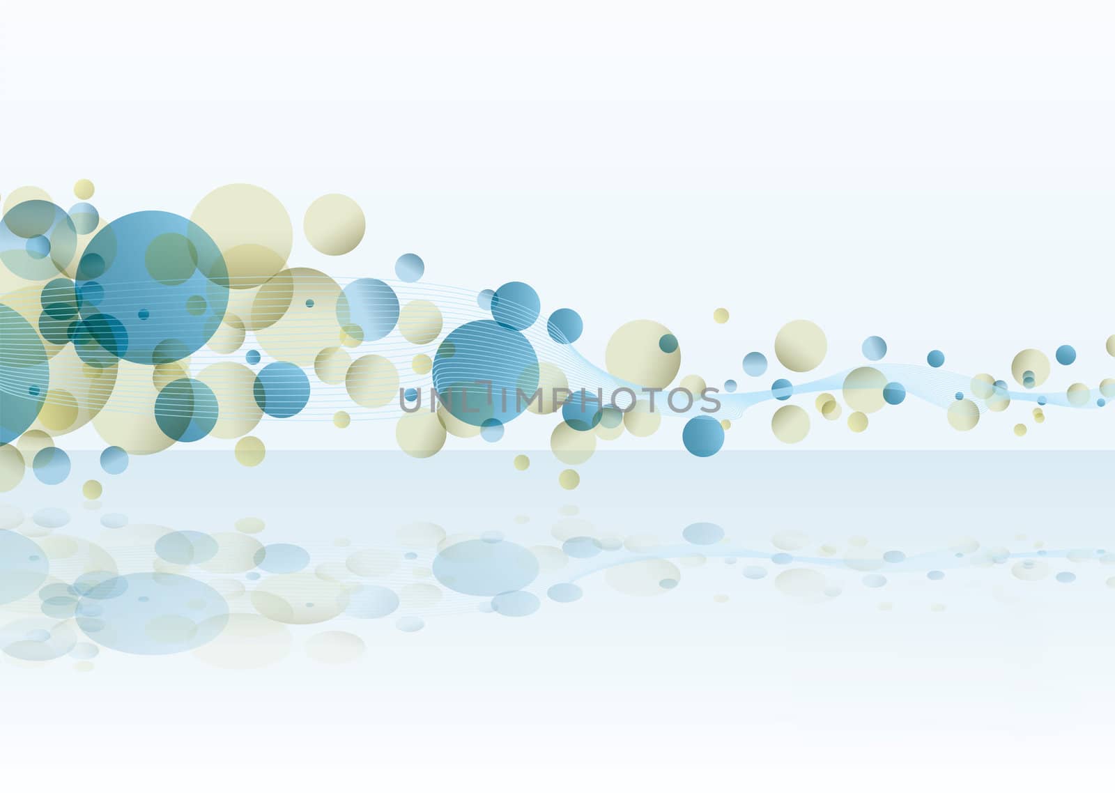 Subtle white background with transparent colored bubbles and wavy line