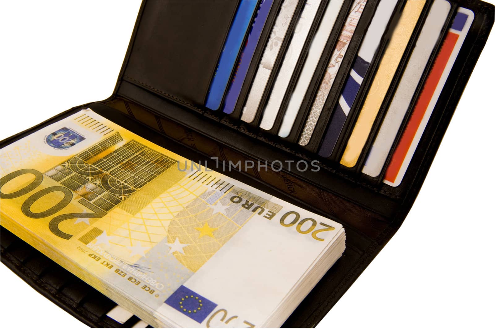 Wallet with Euro and credit cards on the white