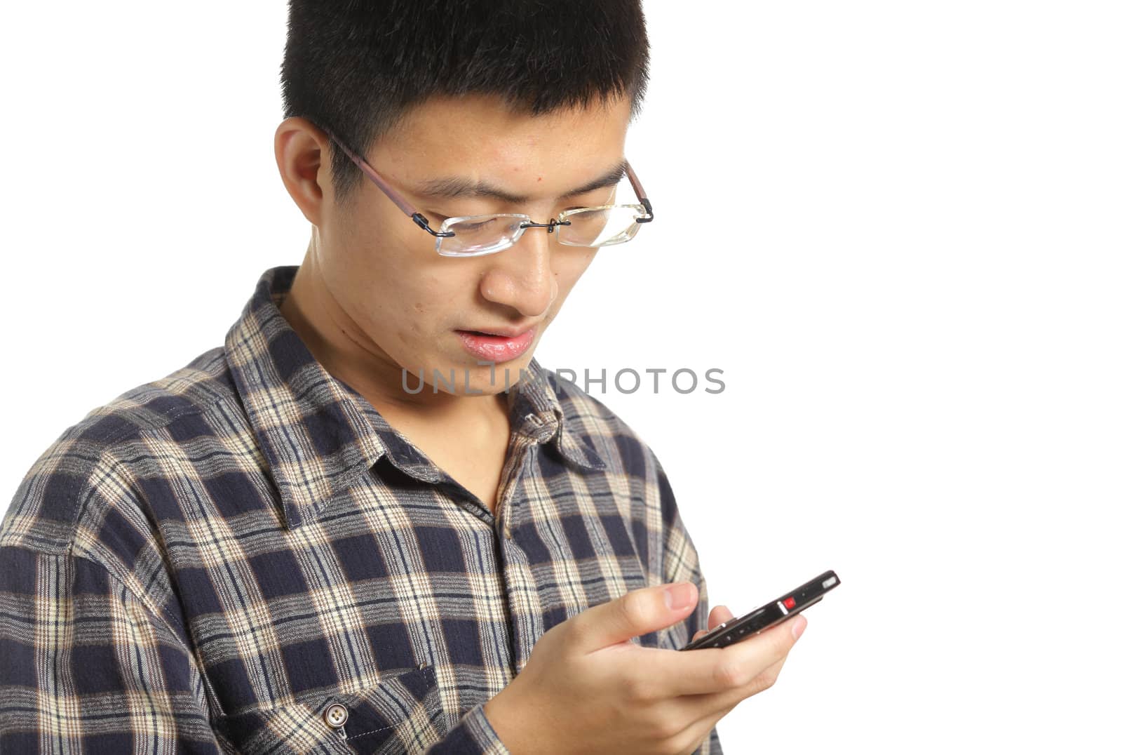 business man reading an SMS on cellphone against white