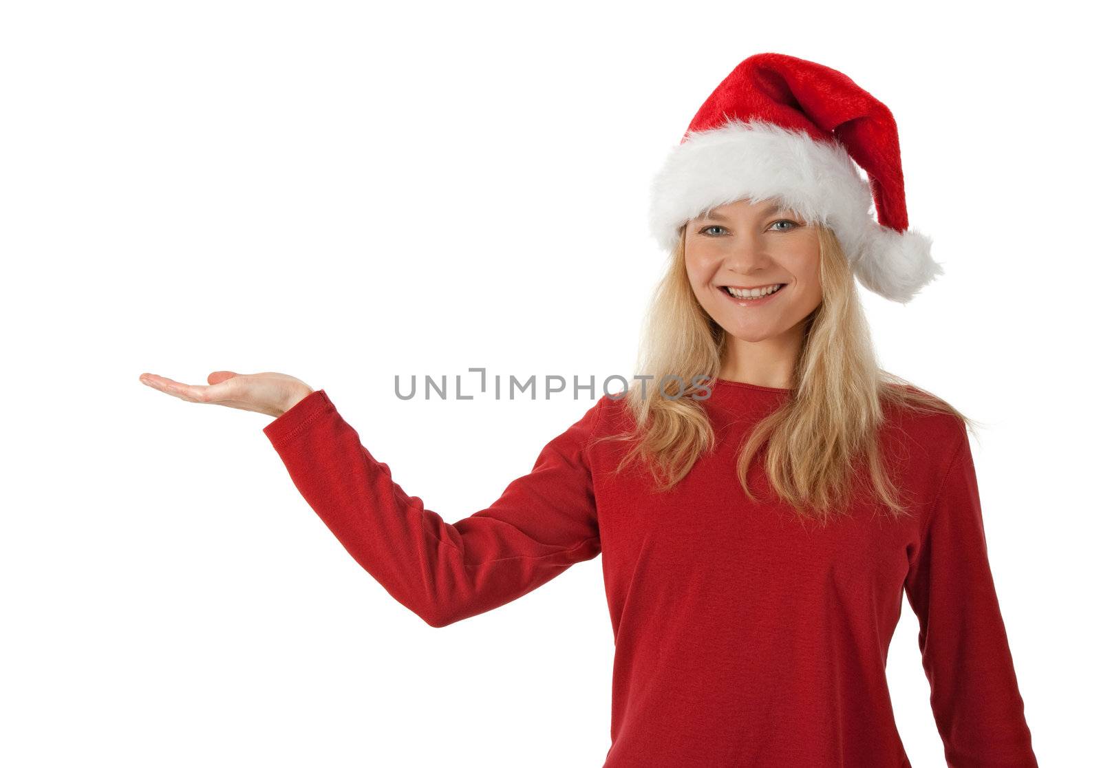 Santa girl wearing Christmas hat, holding hand palm up, ready to hold a present.