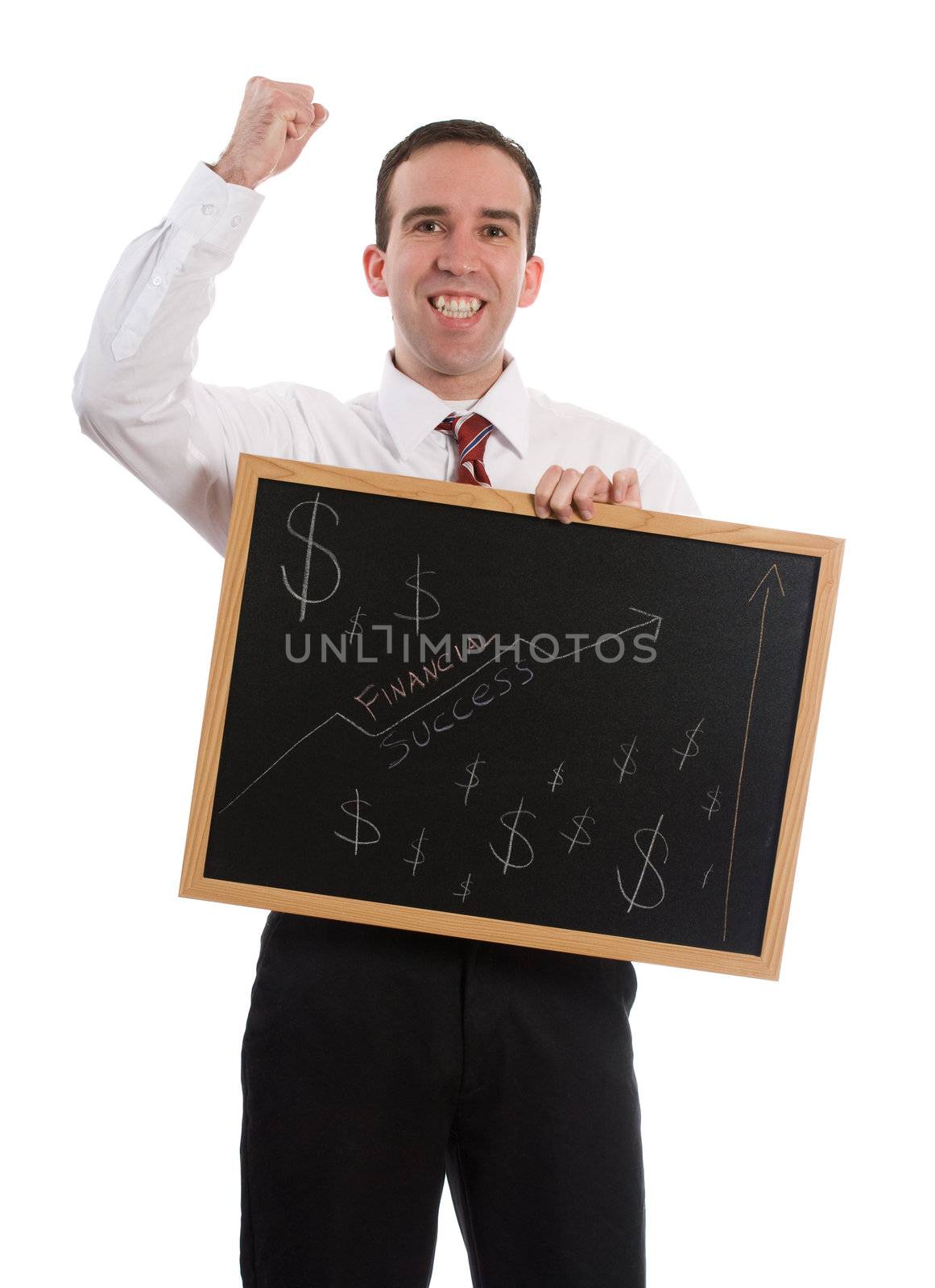 A new business owner is happy he is in the black, isolated against a white background