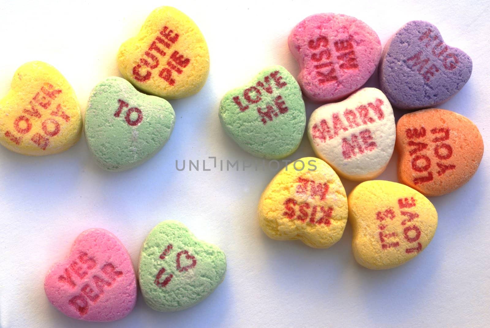 An isolated shot of Love Heart Candy in different colors