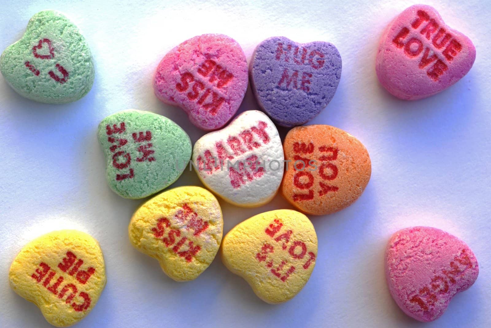 An isolated shot of Love Heart Candy in different colors