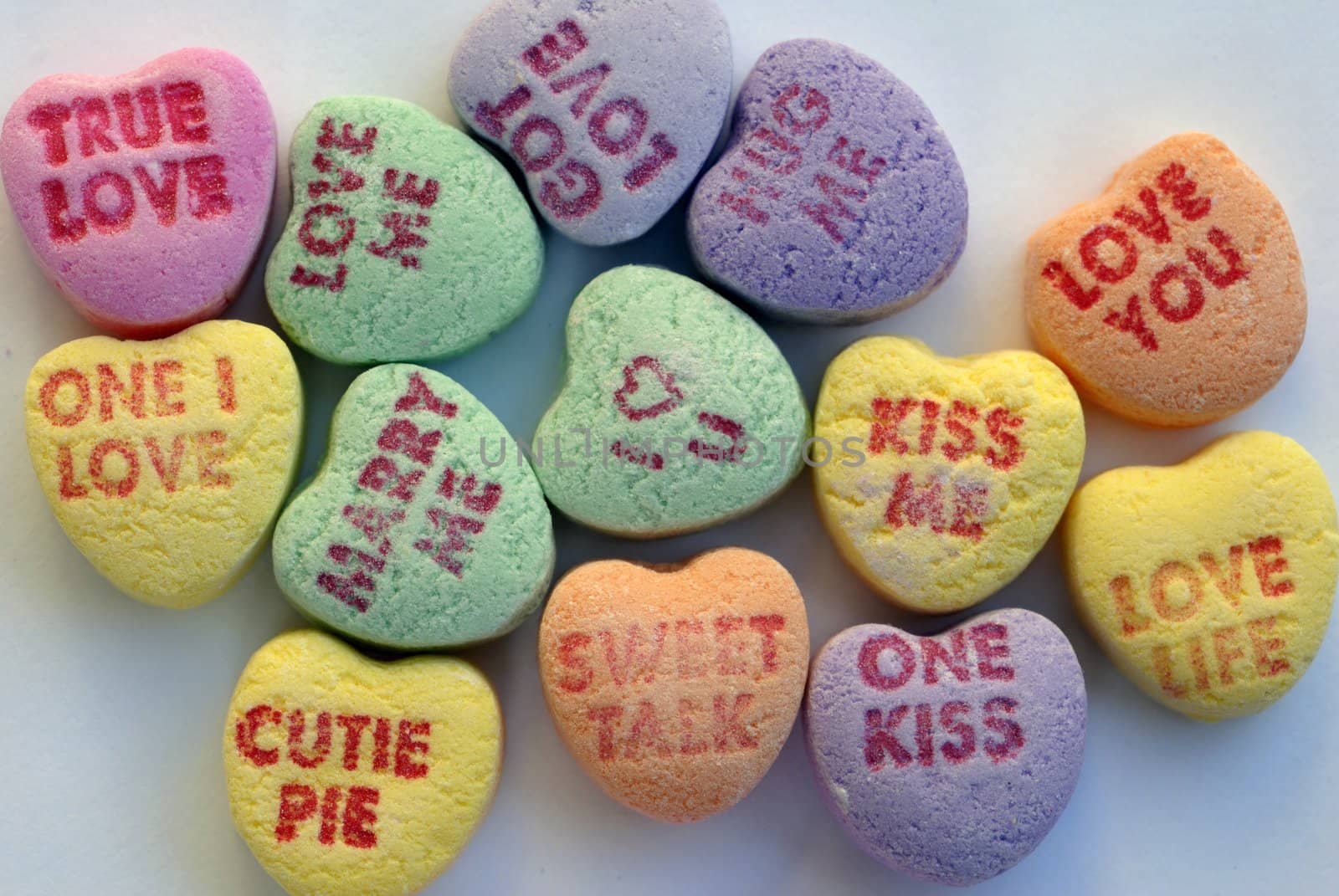 An isolated shot of Love Heart Candy in different colors