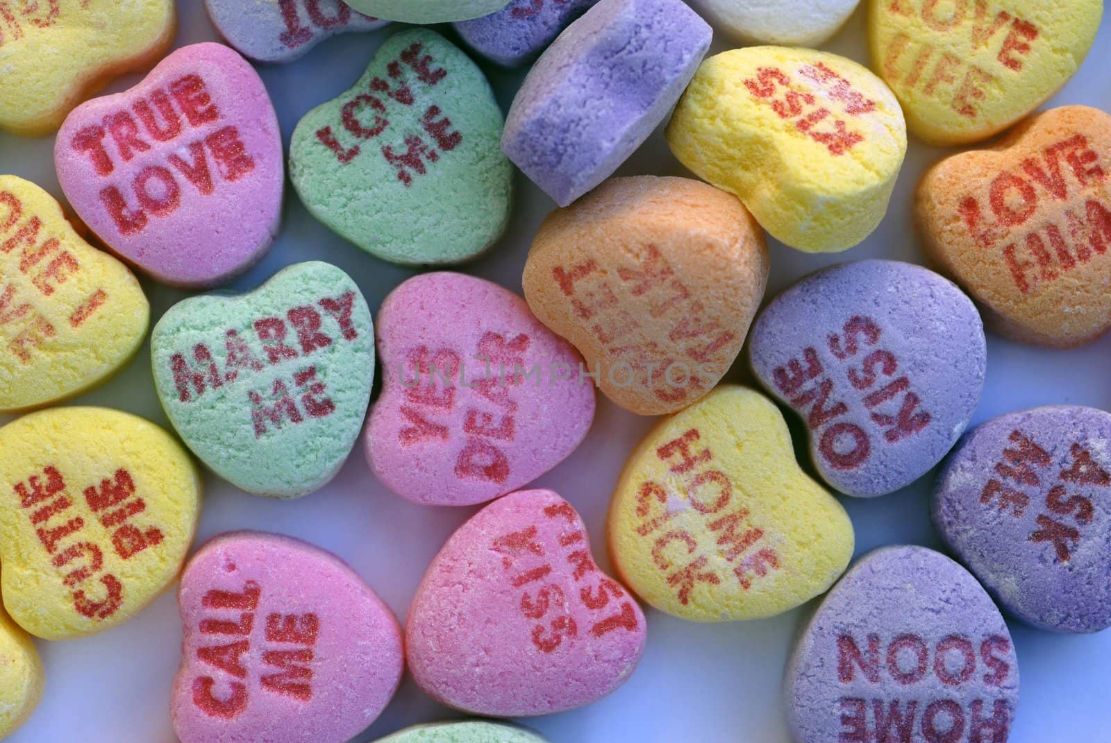 An isolated shot of Love Heart Candy in different colors