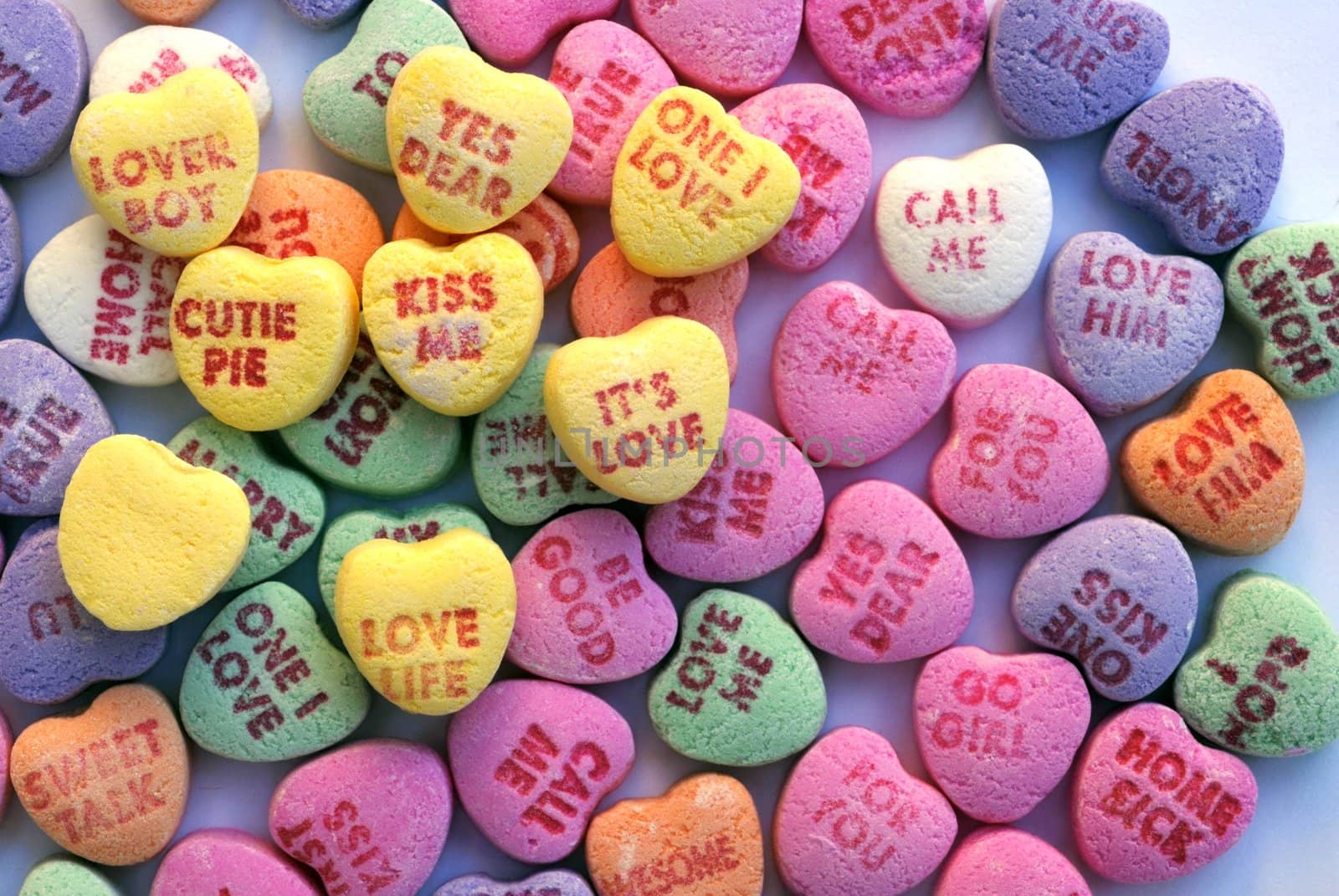 An isolated shot of Love Heart Candy in different colors