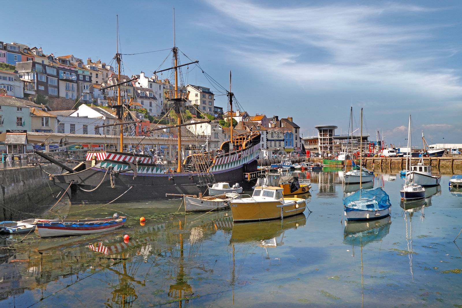 A replica of Francis Drake's ship, The Golden Hind, which in the 16th century was one of the first ships to sail round the world, is based in Brixham harbour, Devon, England.
