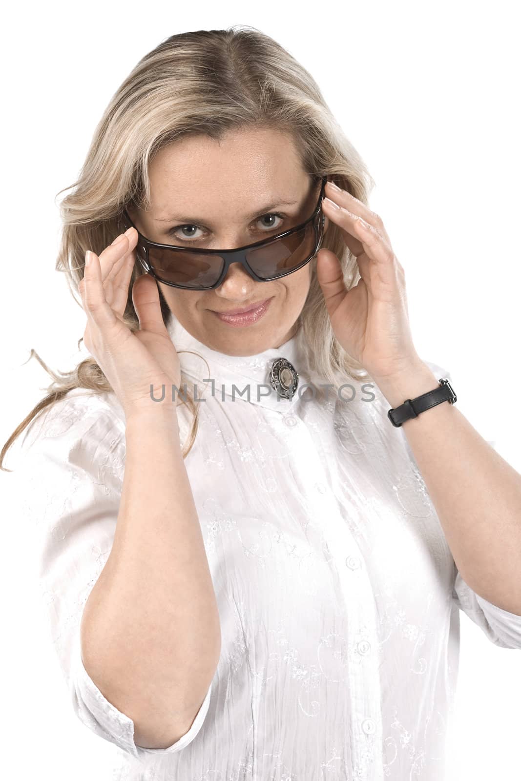 Young women with sunglasses. White shirt. White background.