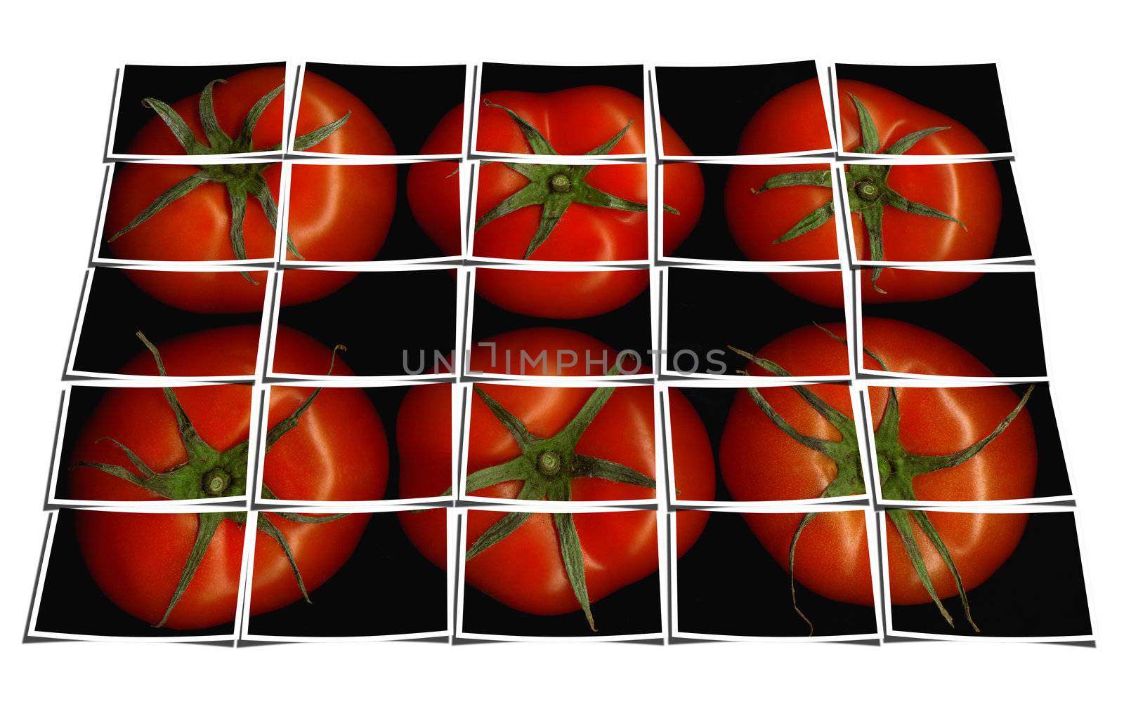 tomato on black background puzzle collage cut out composition over white