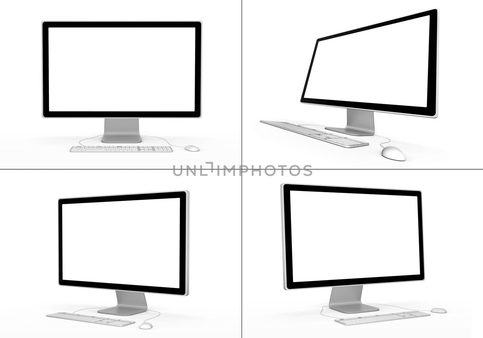 Set of computer workstations in various viewing angles. 3D rendered illustration.