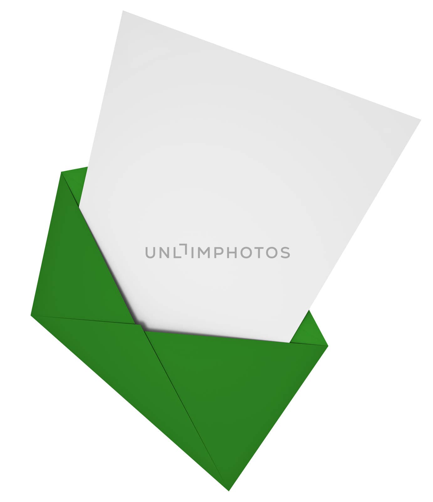Green envelope with a letter. 3D rendered image.