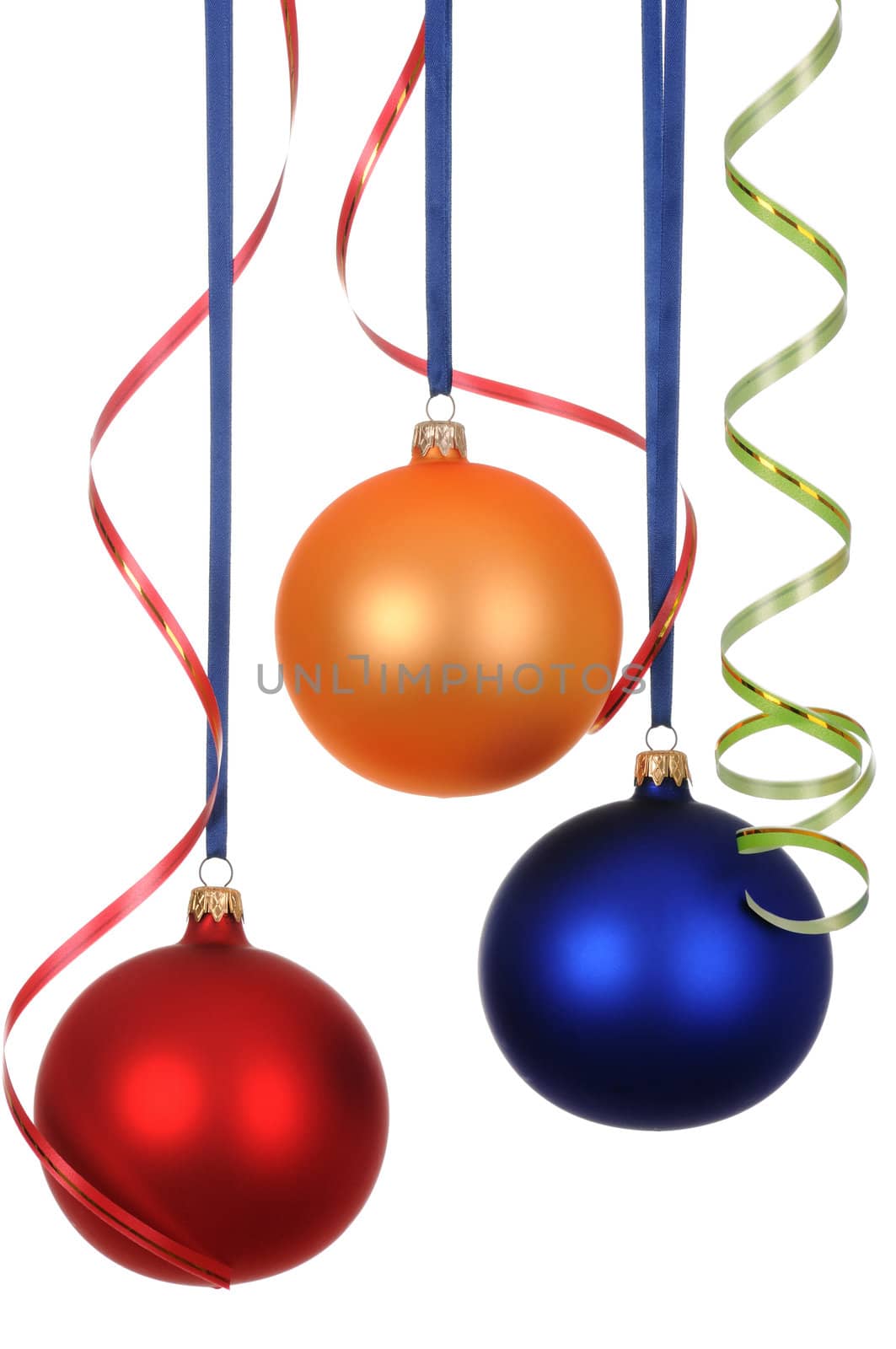 multicoloured christmas decorations with ribbon isolated on white background