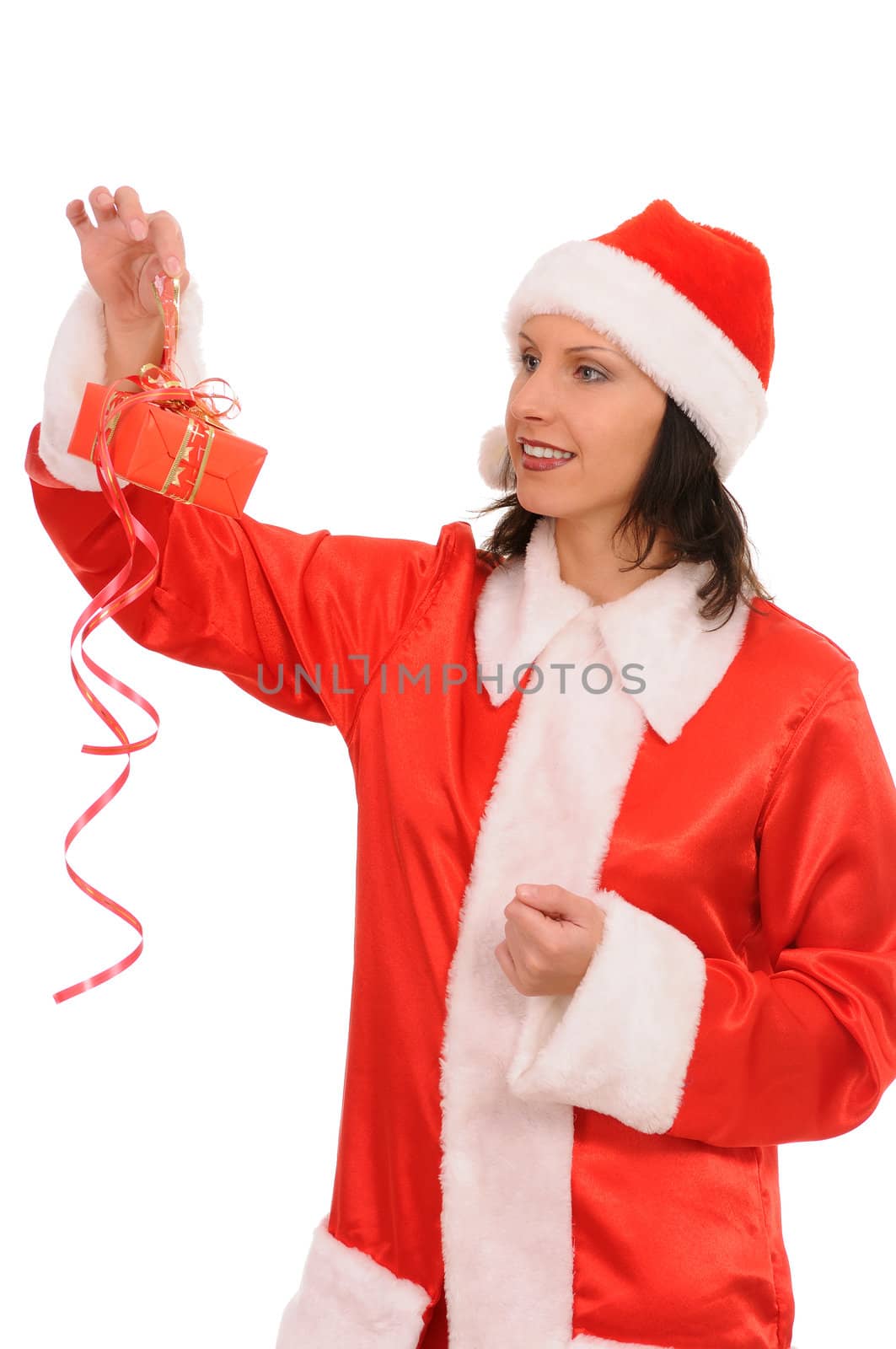 santa woman with gift isolated on white background