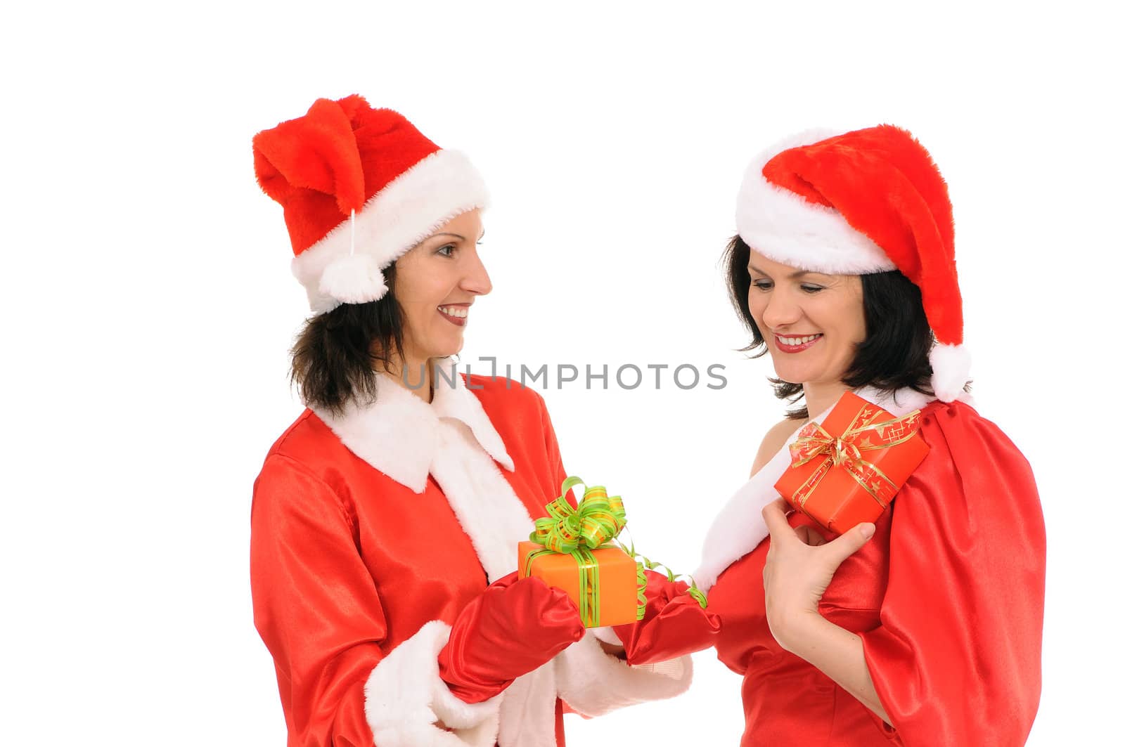 two woman santa isolated on white background