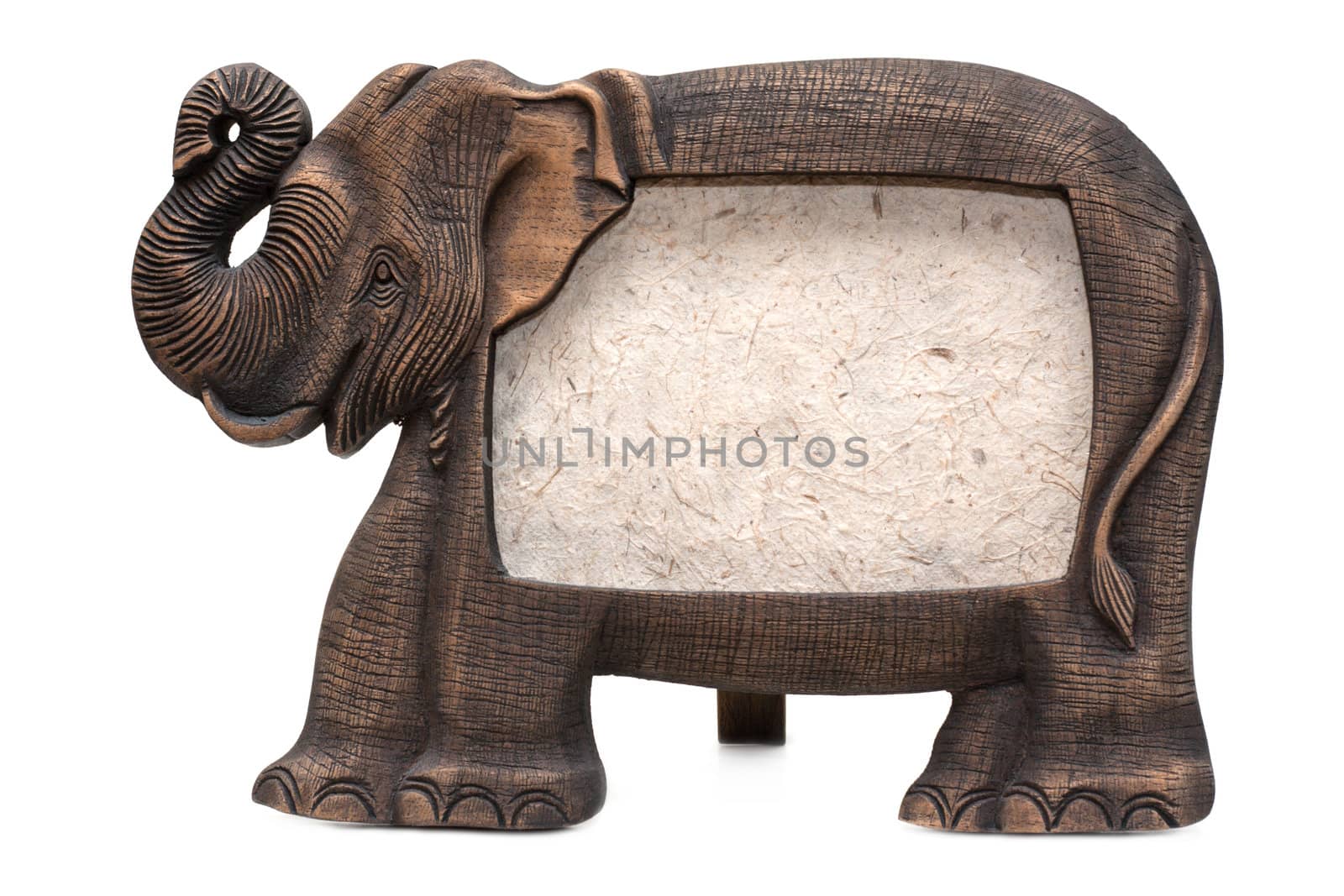 Stand for photo in the manner of wooden elephant with paperboard inwardly, insulated on white background