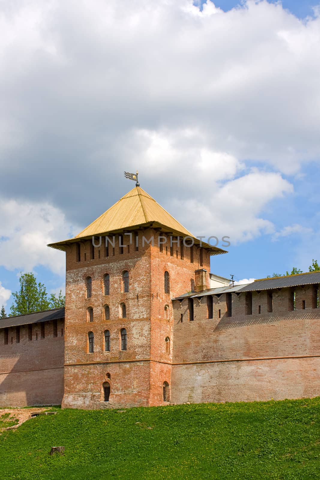 One of the towers Novgorod Kremlin with a fragment of a wall.