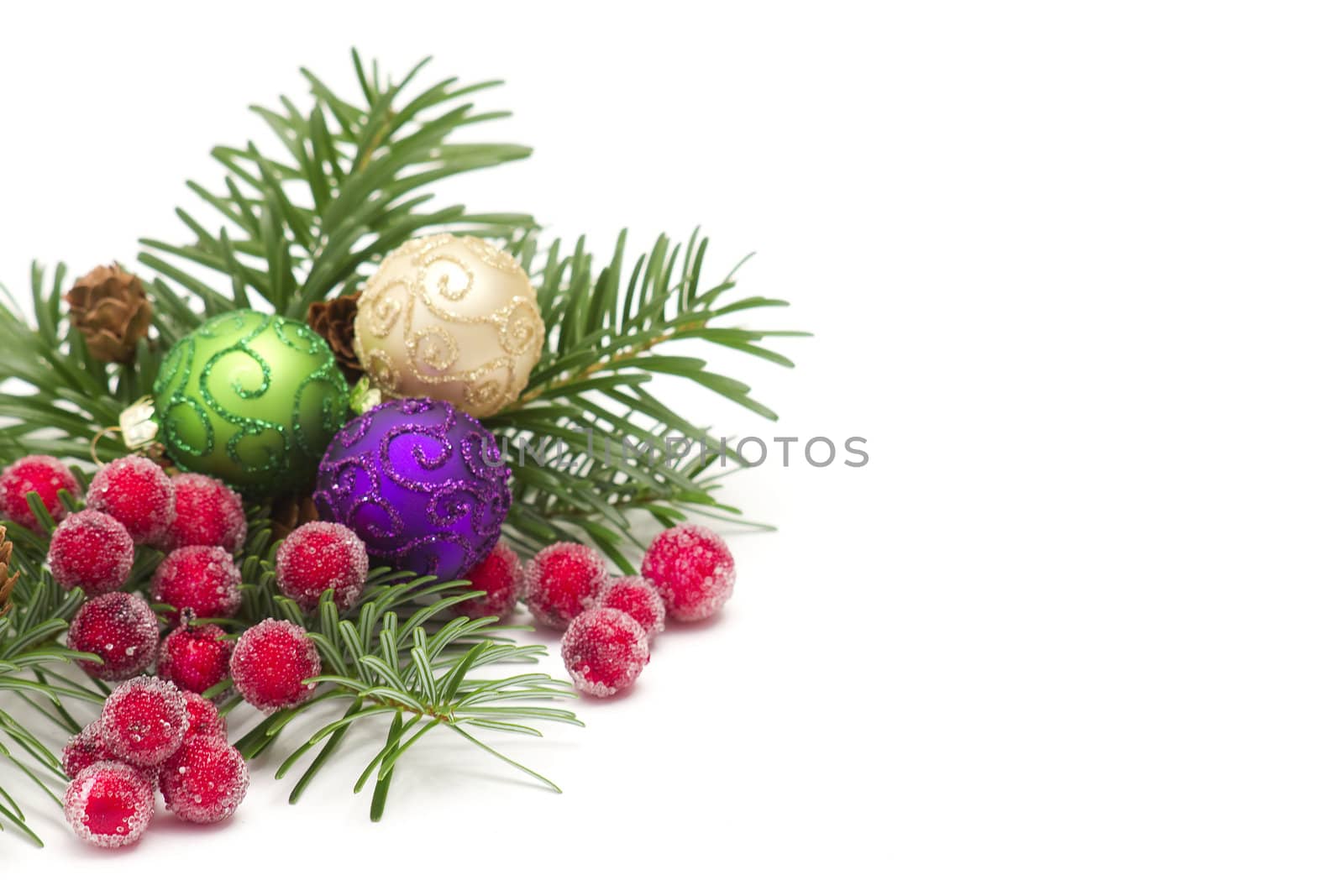 decorative branch with christmas balls isolated on white background 