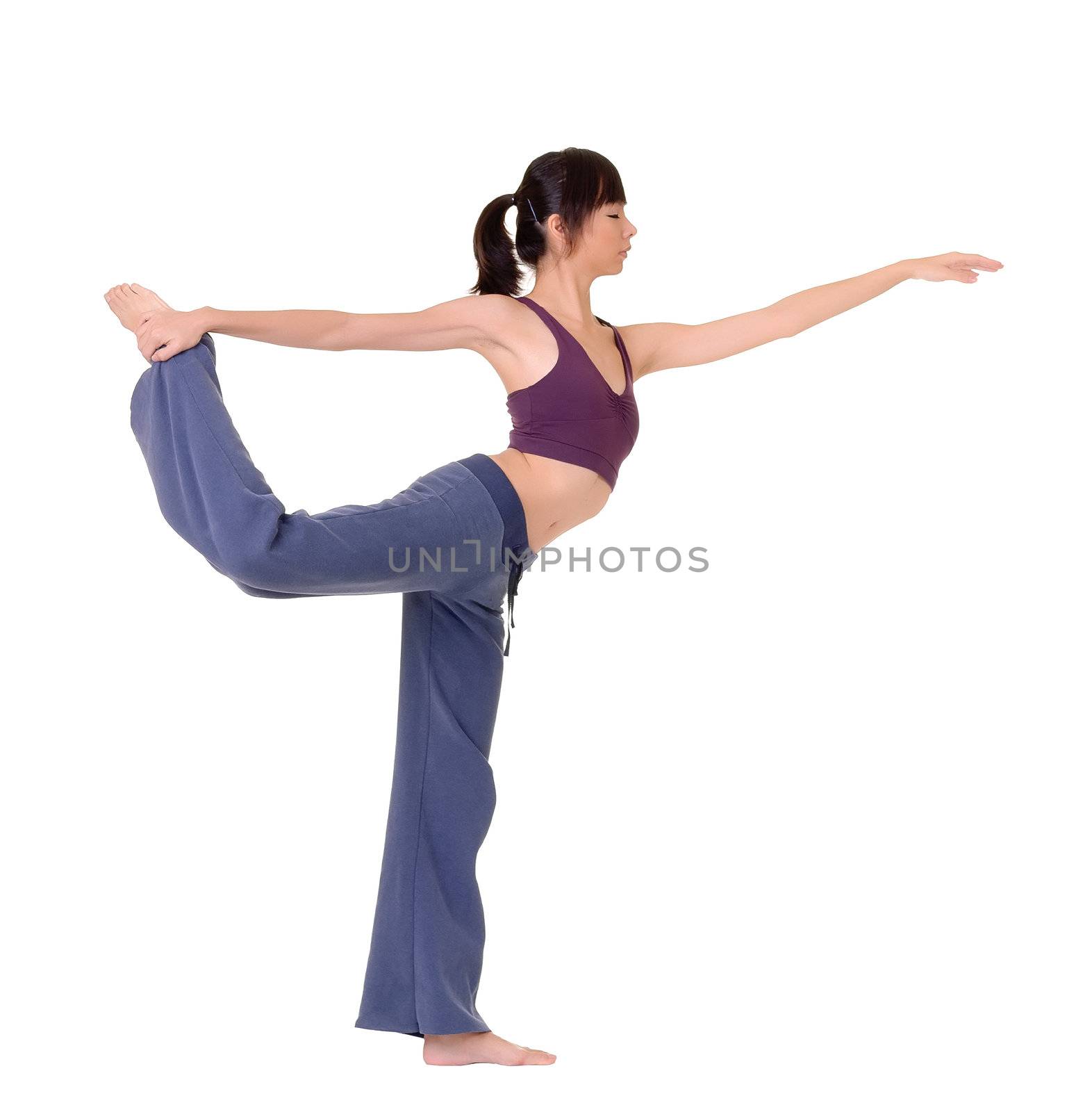 Expert yoga pose by young Asian woman, isolated over white.