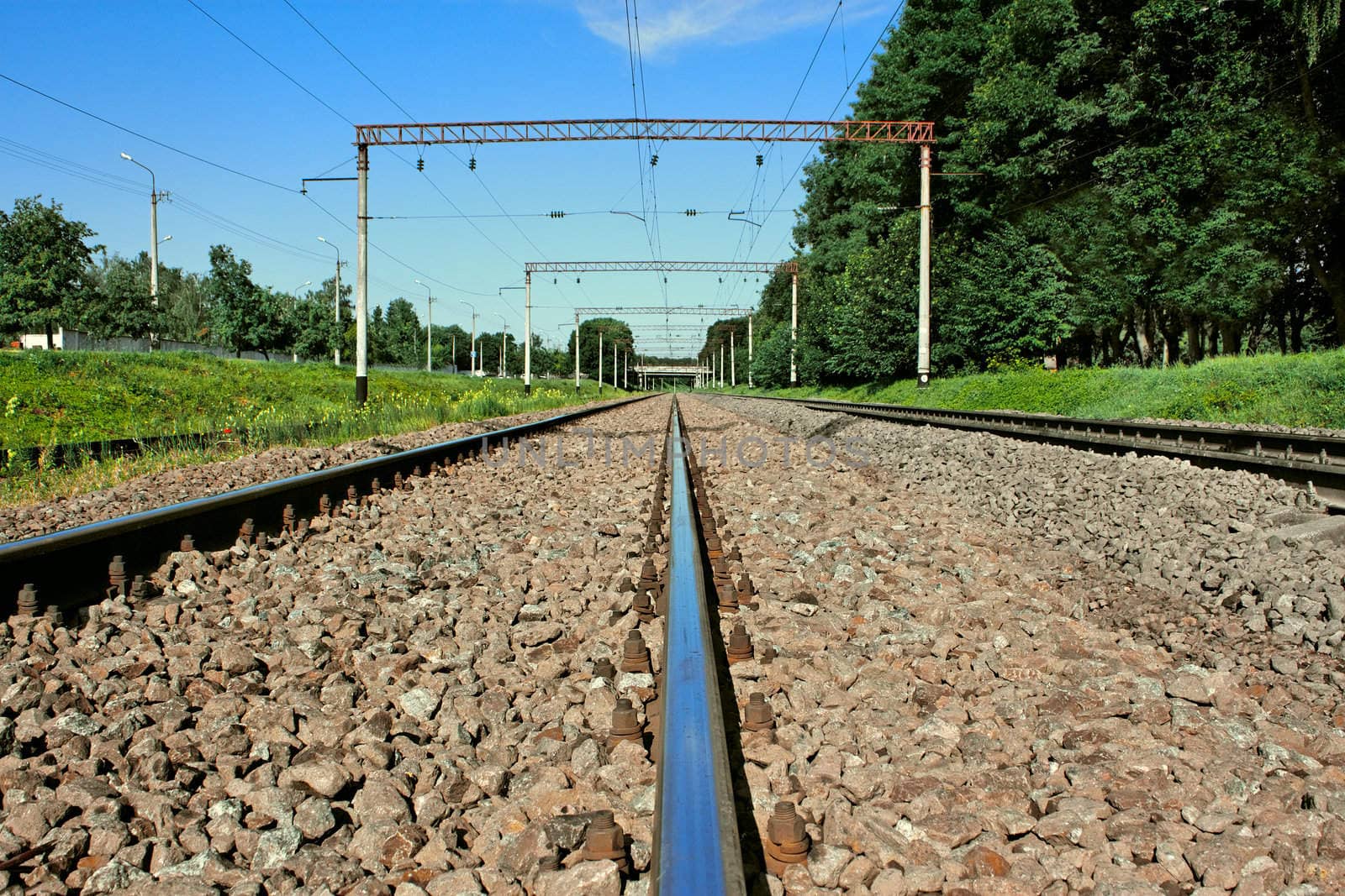 Iron railroad rail that goes far out. Khmelnytsky, Ukraine